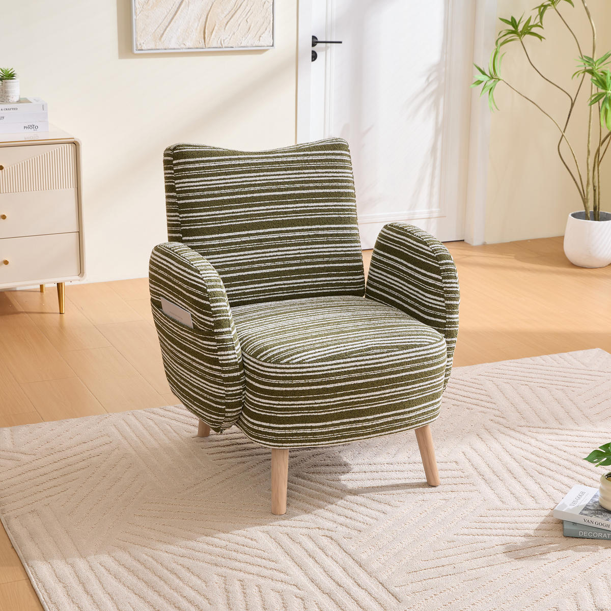 SESSEL Bouclé Olivgrün mit Seitentasche - Olivgrün, Holzwerkstoff/Textil (77/87/81cm) - WISHDOR