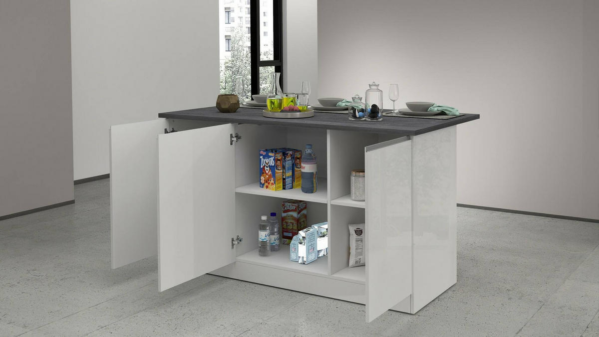 KÜCHENINSEL Glänzendes Weiß, Schiefer 90/155/90 cm - Schieferfarben/Weiß, Holzwerkstoff (155/90/90cm) - DMORA