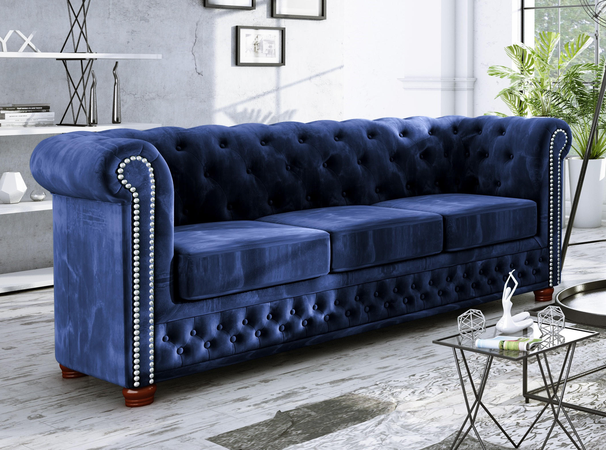 CHESTERFIELD-SOFA 3-sitzer Lauren Marineblau Samt - Dunkelblau/Braun, Holz/Textil (203/72/86cm) - S-Style Möbel