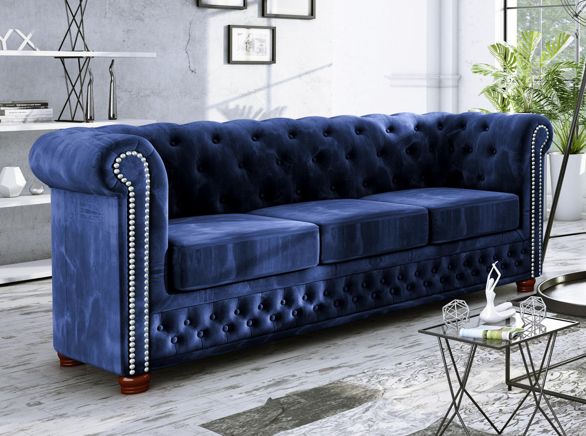 SITZGARNITUR 3+2+1 Chesterfield Lauren Marineblau Samt - Dunkelblau/Braun, Holz/Textil (203/72/86cm) - S-Style Möbel