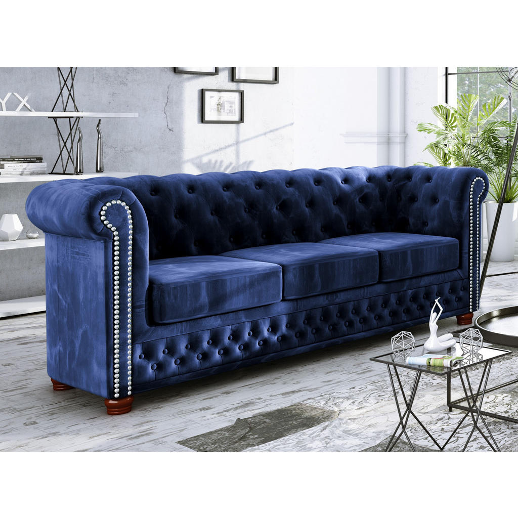 Thumbnail - S-Style Möbel Sitzgarnitur, Dunkelblau, Textil, Echtholz,Buche, Birke, 6-Sitzer, Füllung: Polyetherschaumkern, 203x72x86...