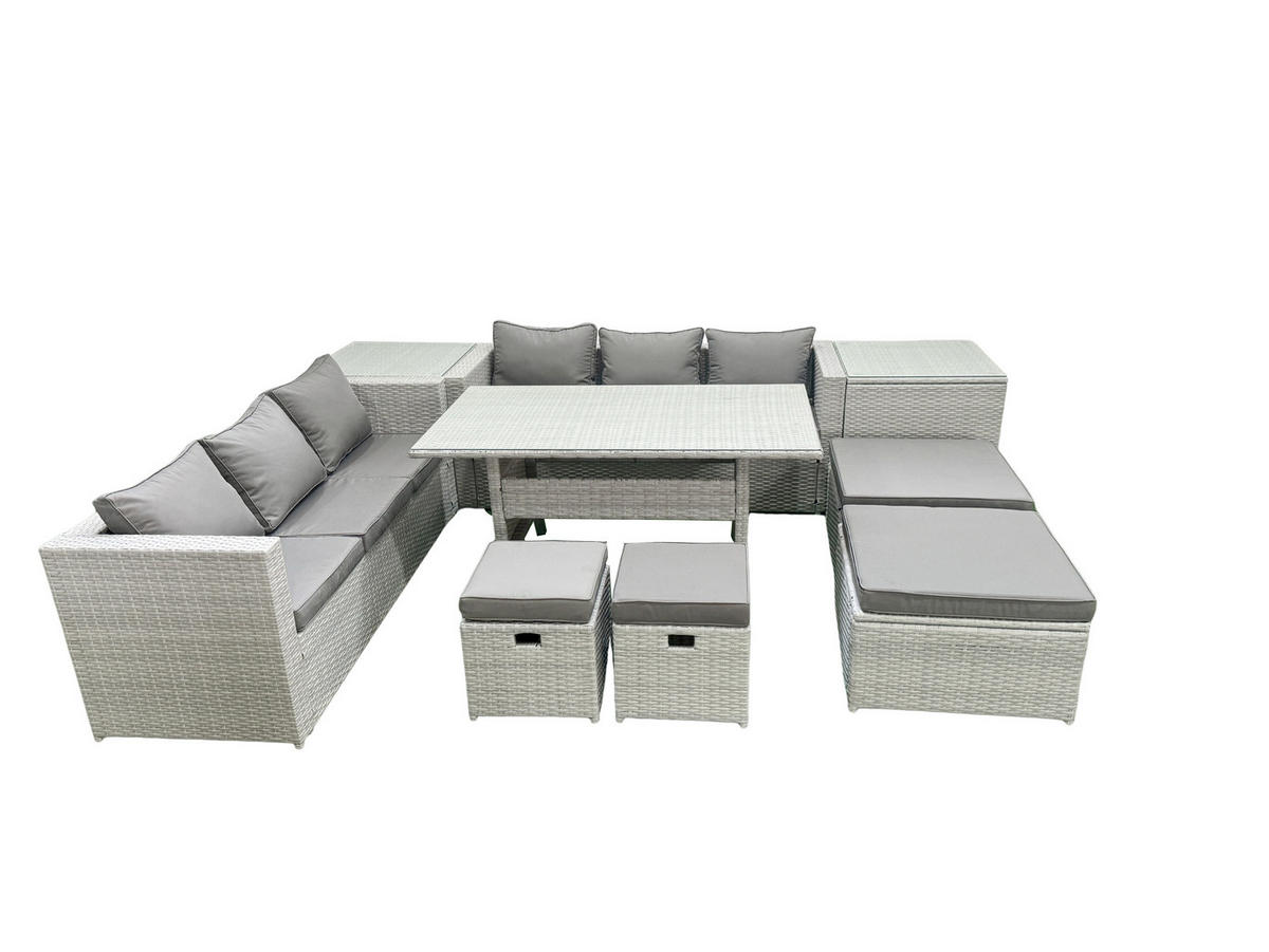 GARTENSET mit Esstisch,Sofa,4 Fußhocker,2 Beistelltischen Polyrattan Hellgrau 10-Sitzer - Hellgrau/Grau, Glas/Kunststoff - Fimous