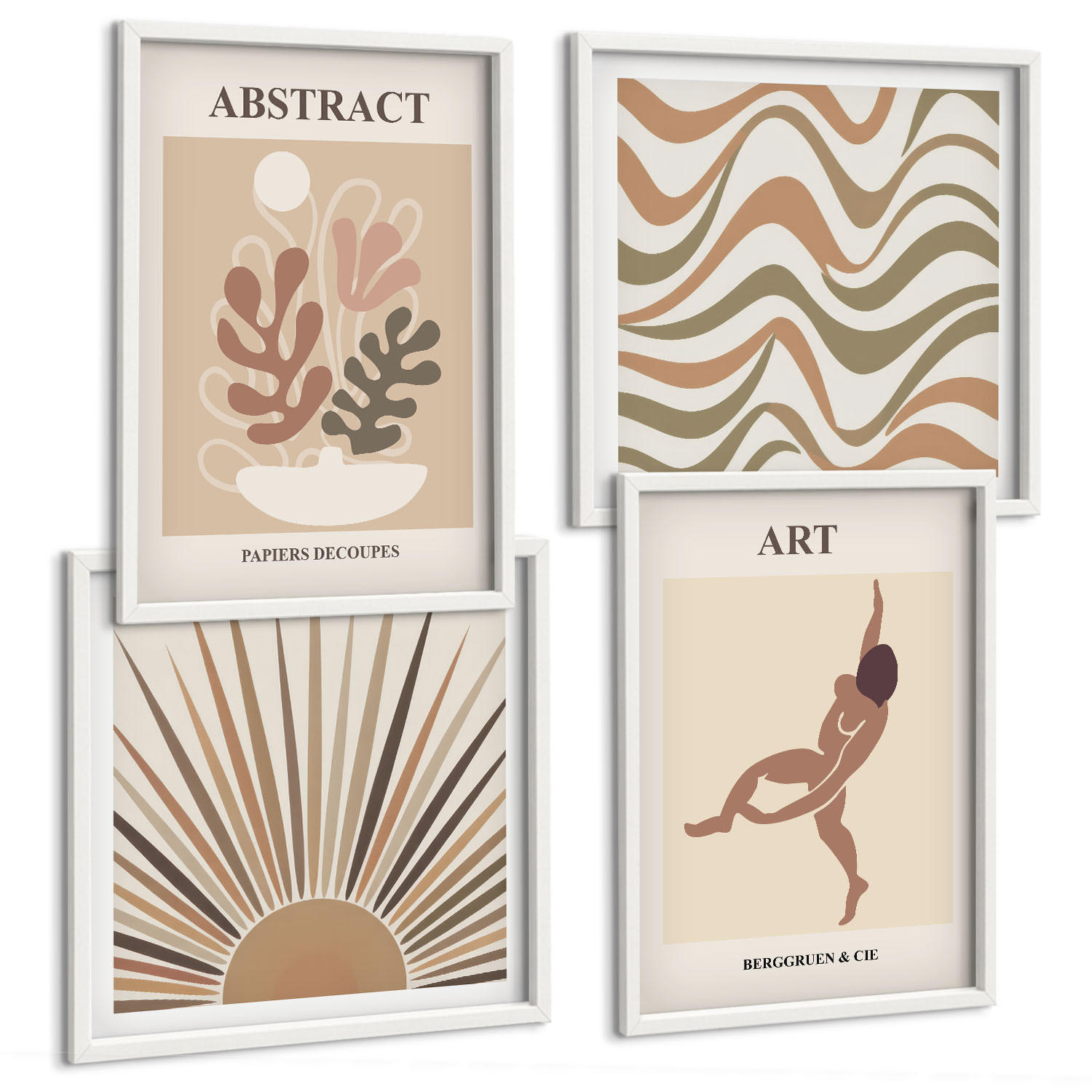 BILDER SET 4er Set - 50x50 cm & 40x60 cm Weißer Rahmen - Matisse Boho abstrakte Muster - Weiß, Kunststoff (50/50cm) - TULUP