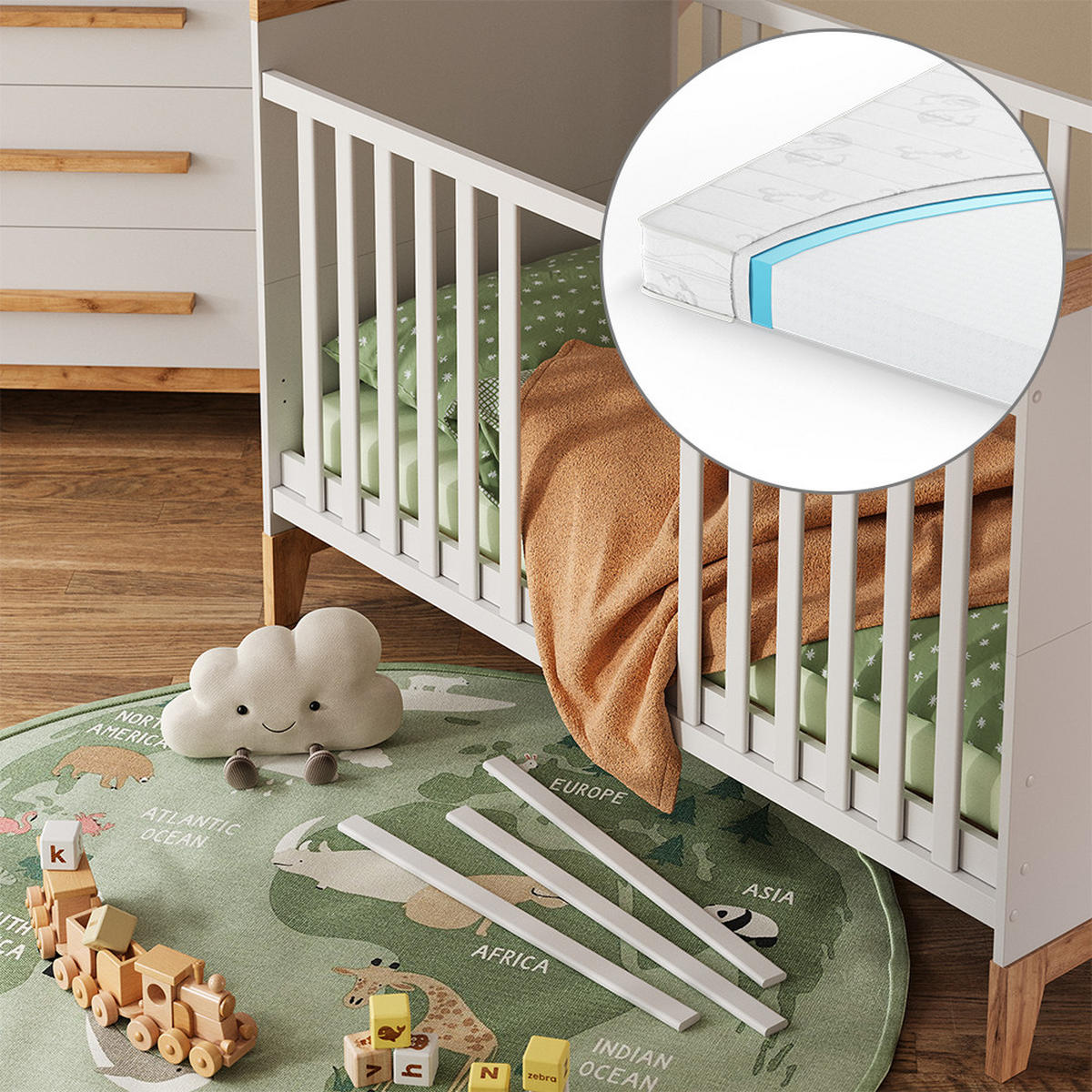 BABYBETT Malia Weiß/Artisan 70x140 cm mit Matratze - Hellgrau/Weiß, Holzwerkstoff - VitaliSpa