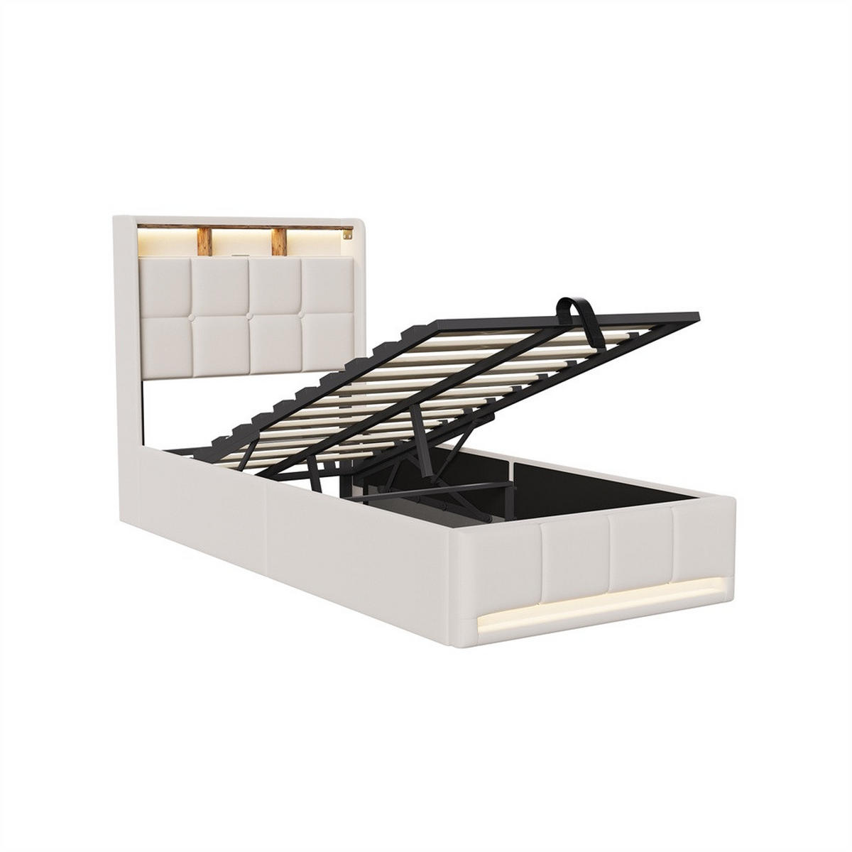 POLSTERBETT 90x200 cm mit LED-Beleuchtung und hydraulischem Stauraum - ohne Matratze - Beige - Beige, Textil (90/200cm) - DELFA