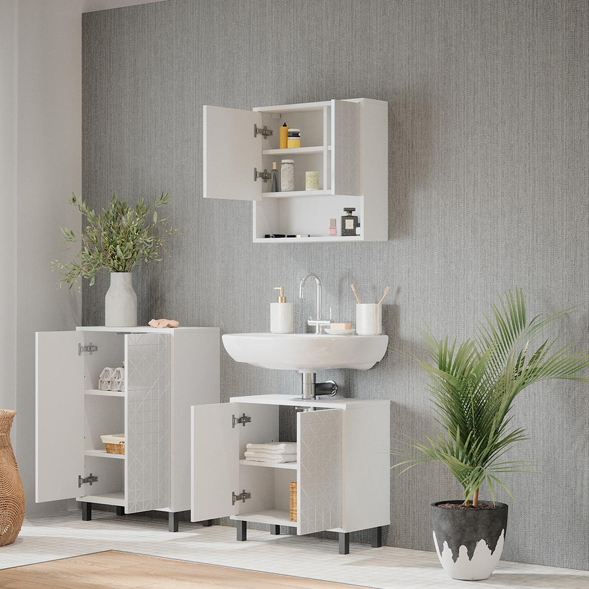 BADMÖBEL-SET Agasta Weiß 3 Teile - Weiß, Holzwerkstoff (56/57/28cm) - Vicco