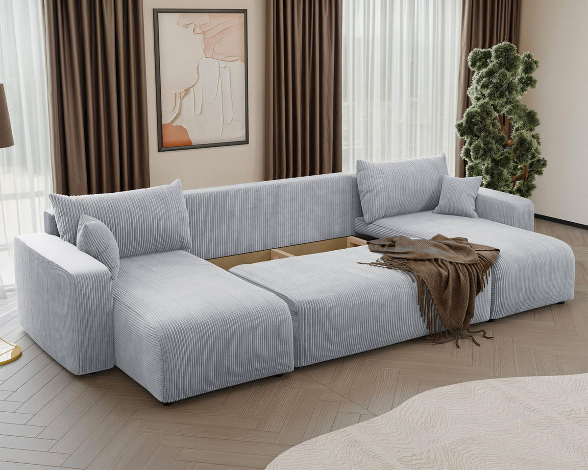 WOHNLANDSCHAFT Pianoni Hellgrau Cordbezug - Hellgrau/Schwarz, Kunststoff/Textil (312/83/140cm) - Selsey