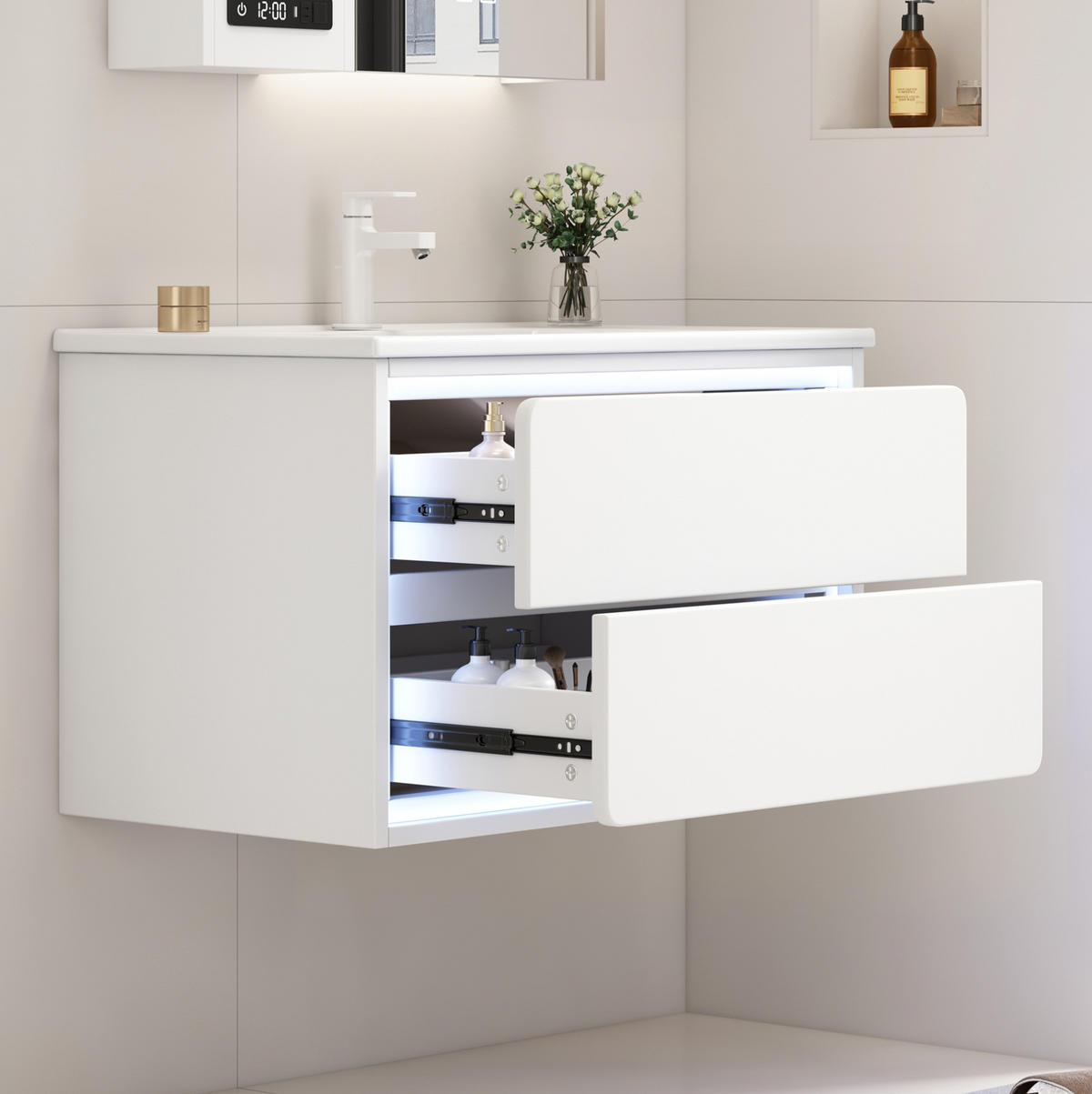 WASCHTISCHKOMBI 76/46/48,5 cm in Weiß mit LED-Sensorlicht und 2 Schubladen - Weiß, Holzwerkstoff (76/58.5/46cm) - BEAOK
