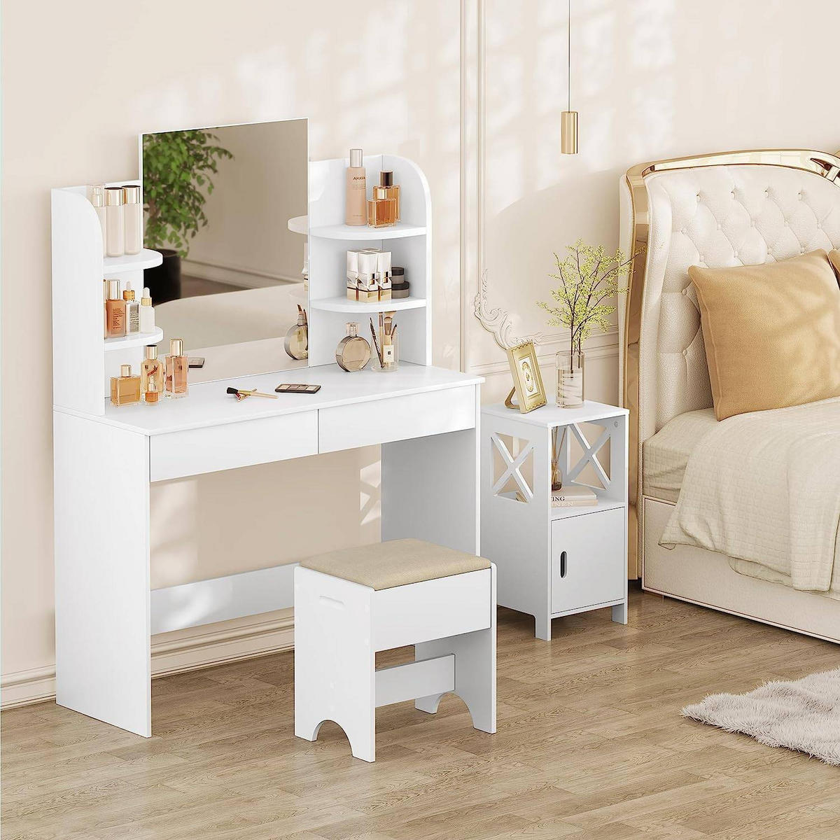 SCHMINKHOCKER mit Leinenbezug, 150 kg belastbar, Holz, Weiß Beige - Beige/Weiß, Holzwerkstoff/Textil (40/45/30cm) - Woltu
