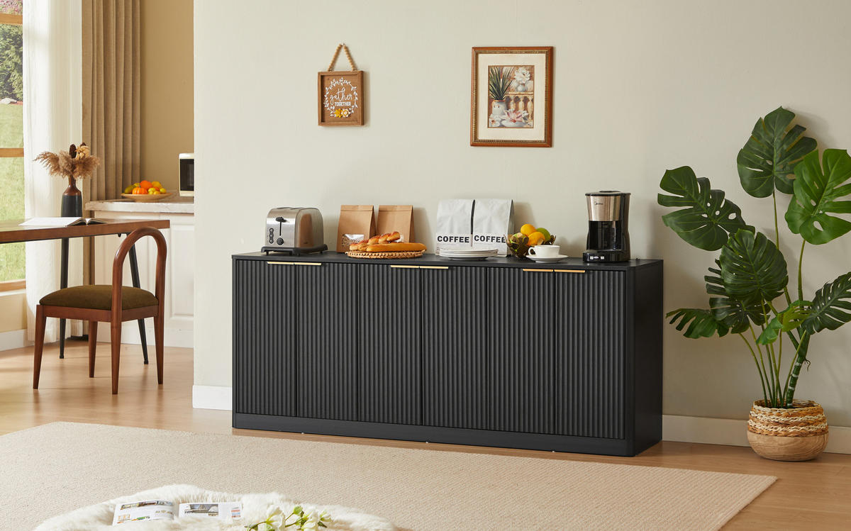 SIDEBOARD 170/40/70,5 cm in Schwarz mit 6 Türen und Wellenfront - Schwarz, Holzwerkstoff (170/70.5/40cm) - Flora Grace