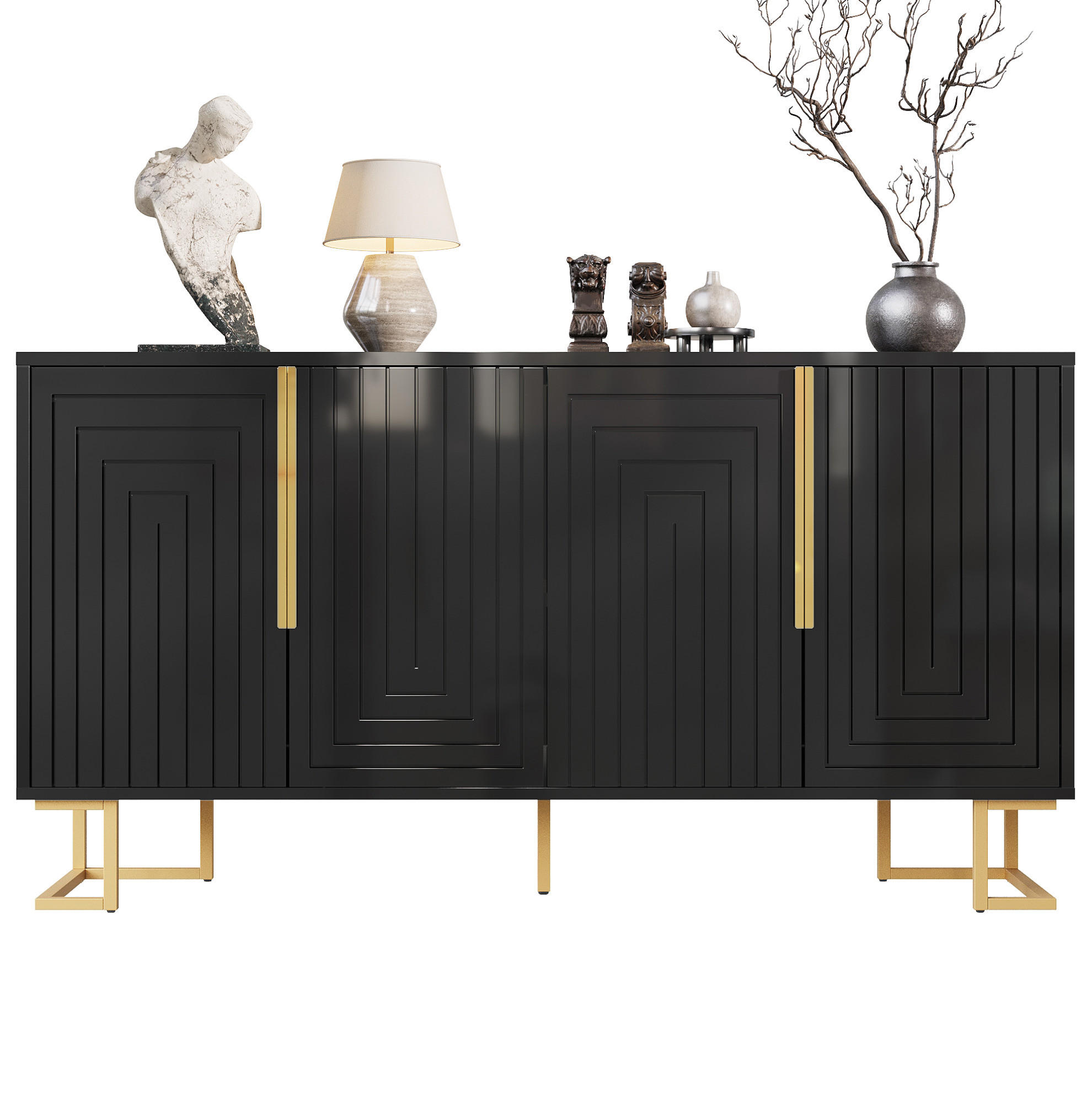 SIDEBOARD aus MDF 152x40x75 cm Schwarz mit 2 Türen, 4 Fächern, geometrischer Front und Kippschutz - Schwarz, Holzwerkstoff (152/75/40cm) - Modfu