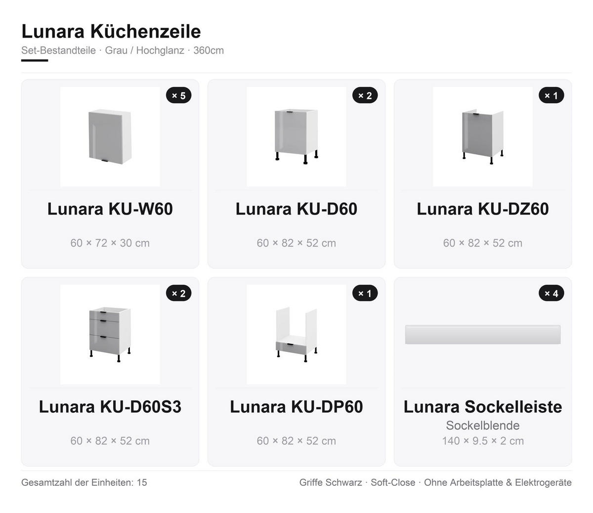 KÜCHENZEILE – 360 cm – KU-SA03 – Lunara – Grau Hochglanz – ohne E-Geräte - Schwarz/Grau, Holzwerkstoff/Metall (360/214/52cm) - hi-markt