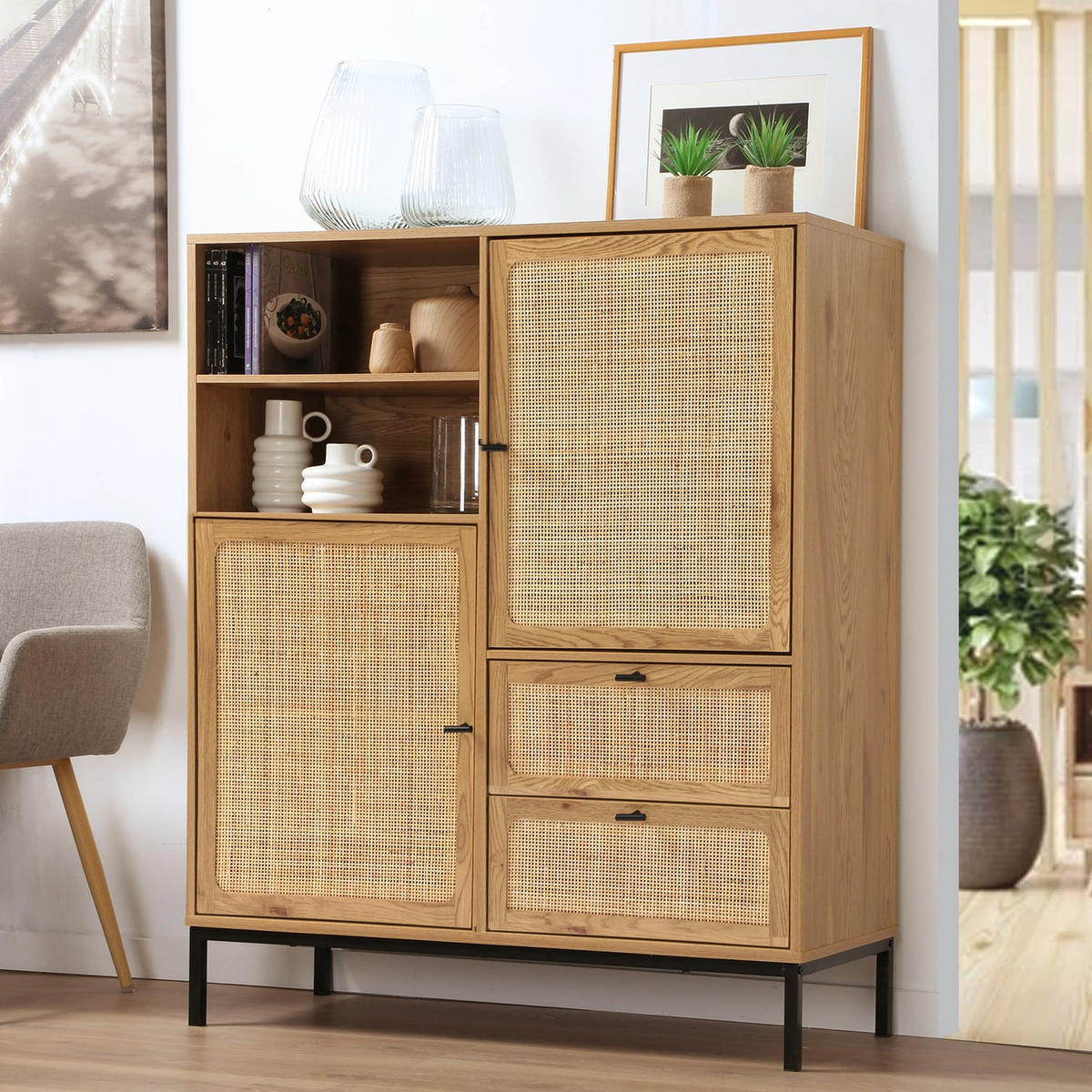 HOHE Buffetschrank mit Rattanfronten - L100 x H120 cm - JAYA - Apfelbaumfarben, Holzwerkstoff (40/120/100cm) - Calicosy