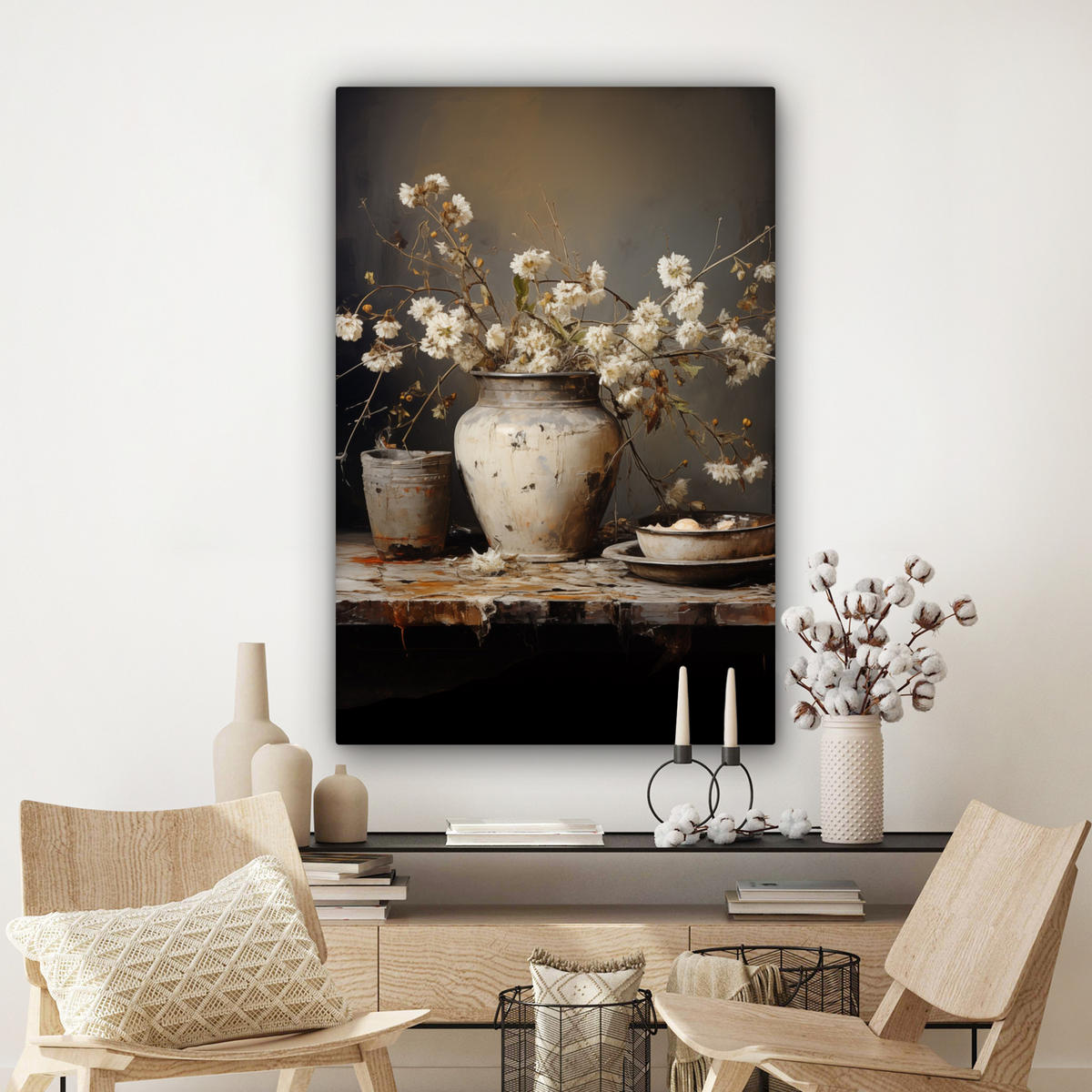 LEINWANDBILD Stilleben - Blumen - Blumenstrauß - Vase - Wein Deko Groß 90x140 cm - Schwarz, Textil (90/140cm) - MuchoWow