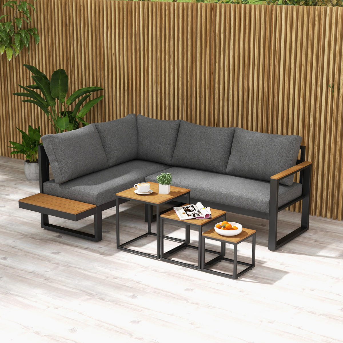 GARTENMÖBEL-SET, mit Ecksofa, Couchtisch, mit Sitzkissen, Aluminium, Kunststoff, Grau - Dunkelgrau, Kunststoff/Metall - Outsunny