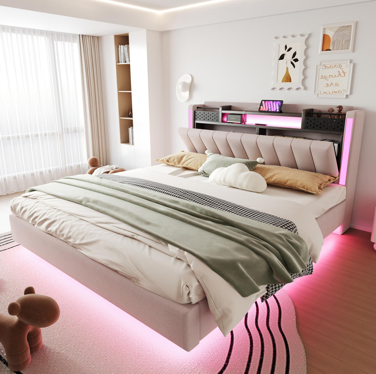 POLSTERBETT 160/200 cm beige aus Leinenstoff mit LED und USB-Anschluss mit Stauraum - Beige, Textil (160/200cm) - OKWISH