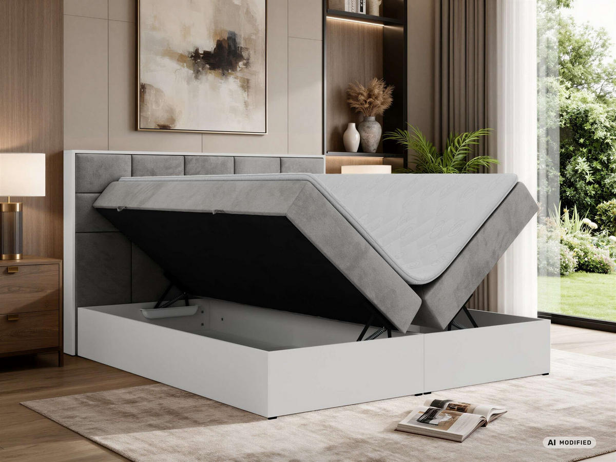 BOXBETT ALVIT 200/200 - Hellgrau Velvet - Topper Visco - H3 - Hellgrau/Schwarz, Kunststoff/Textil (200/200cm) - MKS