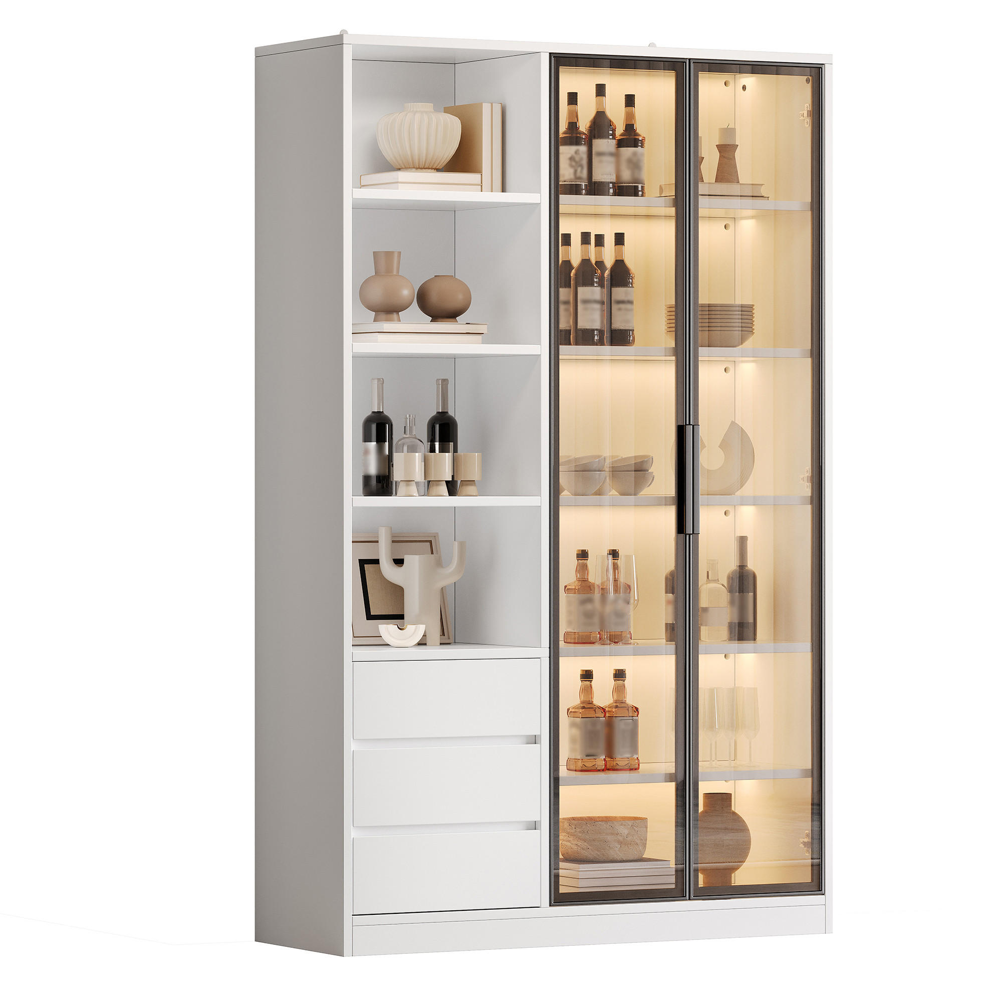 HOCHSCHRANK Weiß mit LED, 3 Schubladen und Glastüren - Weiß, Holzwerkstoff (100/160/35cm) - FLIEKS