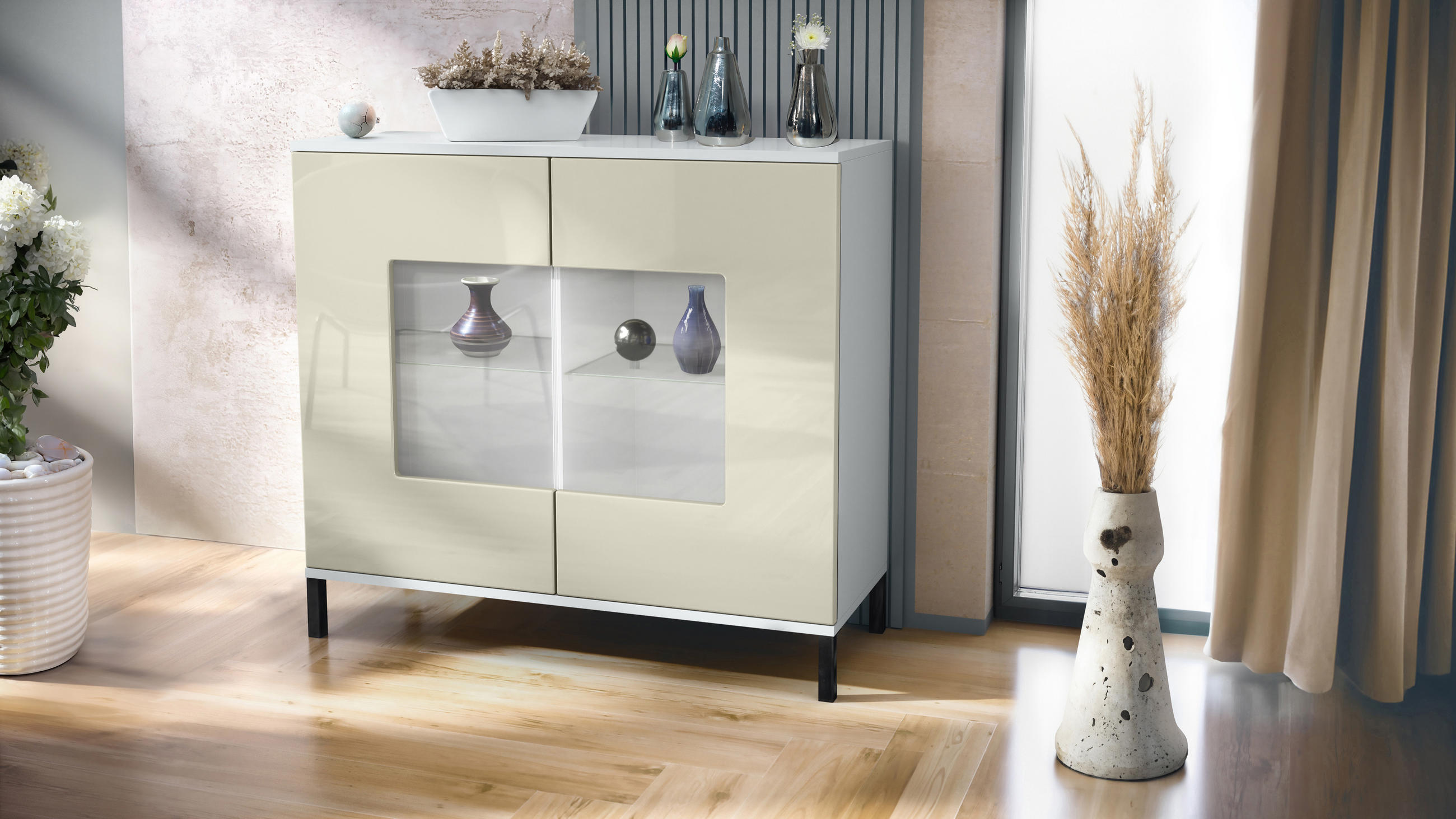 KOMMODE Grömitz Creme Hochglanz - Creme, Holzwerkstoff (92.5/83.5/35cm) - Vladon