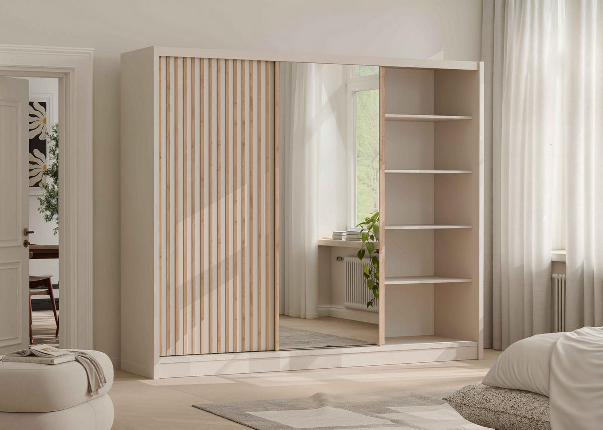 SCHWEBETÜRENSCHRANK SORA 250/215/60,5 cm 3-türig mit Spiegel Kaschmir - Kaschmir, Holzwerkstoff (250/215/60.5cm) - MASSENO