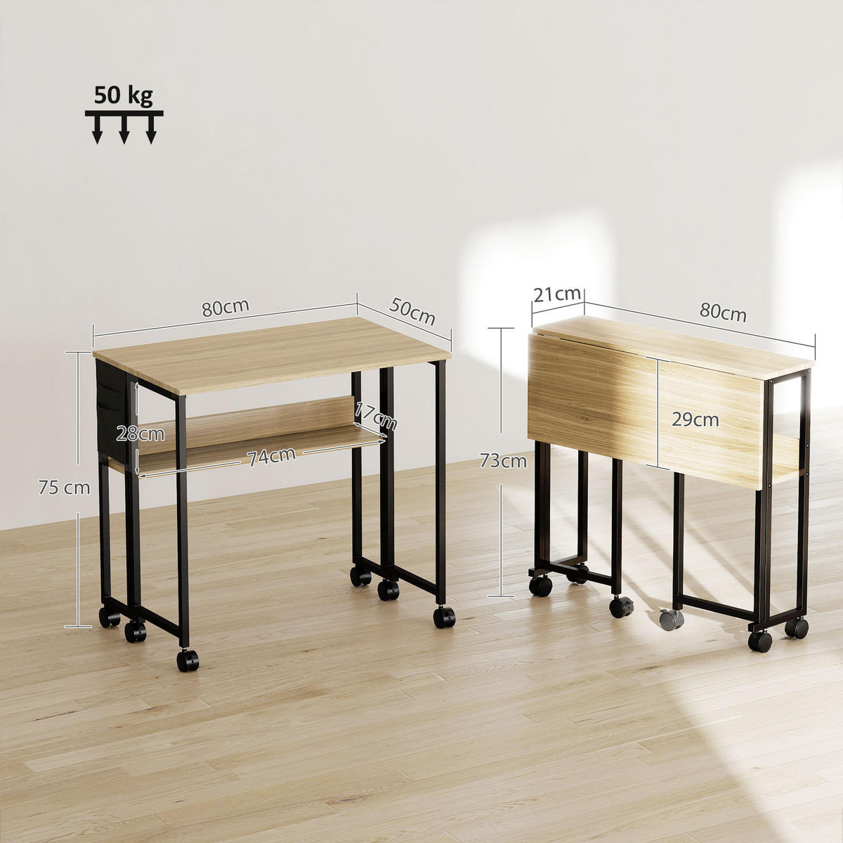 SCHREIBTISCH Eichenoptik klappbar mit Rollen und Ablage 80/50/75 cm - Eichefarben, Holzwerkstoff (50/80/75cm) - PANGIVO