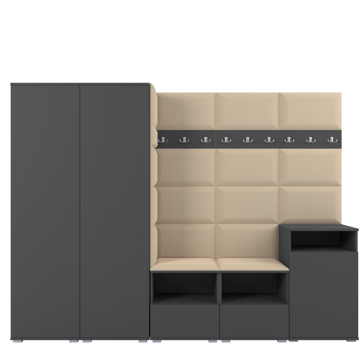GARDEROBE NELA VIII 250 cm (Modulare Flurmöbel Graphit mit Sitzpolster Beige 04 2 Schränke + Sideboard) - Beige/Silberfarben, Holz/Holzwerkstoff (250/187/40cm) - Ravio