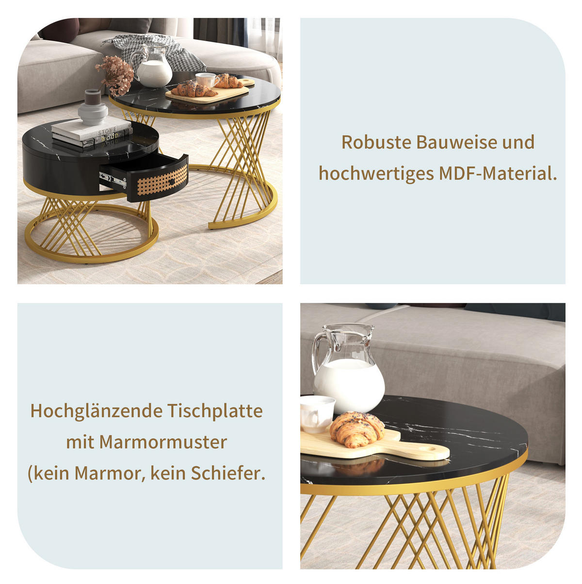 COUCHTISCH aus MDF 70x70x45,5 & 50x50x38,5 cm in Schwarz mit Schublade - Schwarz, Holzwerkstoff (70/70/45.5cm) - Modfu