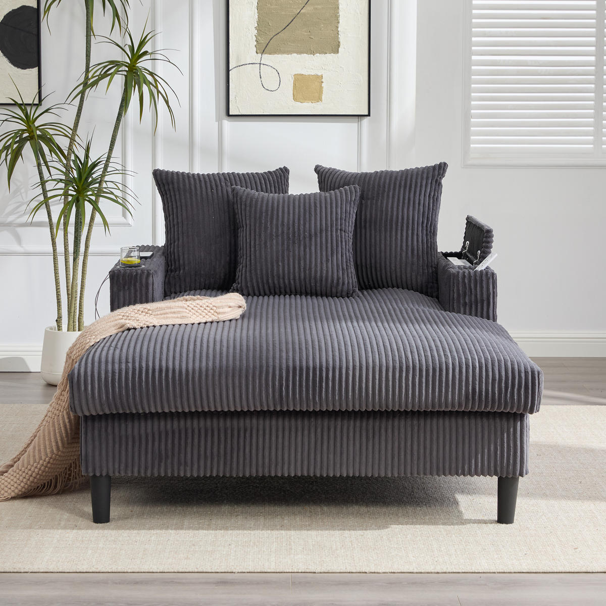 CHAISELONGUE Cord Dunkelgrau mit LED, USB, Stauraum und Becherhaltern - Dunkelgrau, Kunststoff/Textil (129/70/170cm) - WISHDOR
