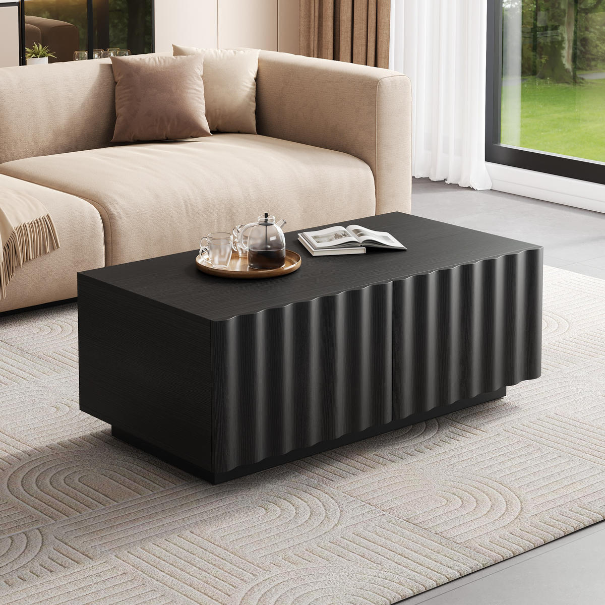 COUCHTISCH Wellenmuster 2 Schubladen modern Stauraum - Schwarz, Holzwerkstoff (100/50/40cm) - FLIEKS
