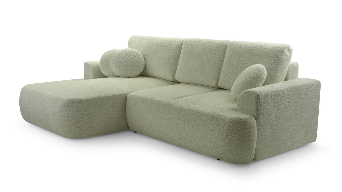 ECKSOFA FILO Grün Boucle-Stoff mit Schlaffunktion - Grün, Holz (260/168cm) - MASSENO