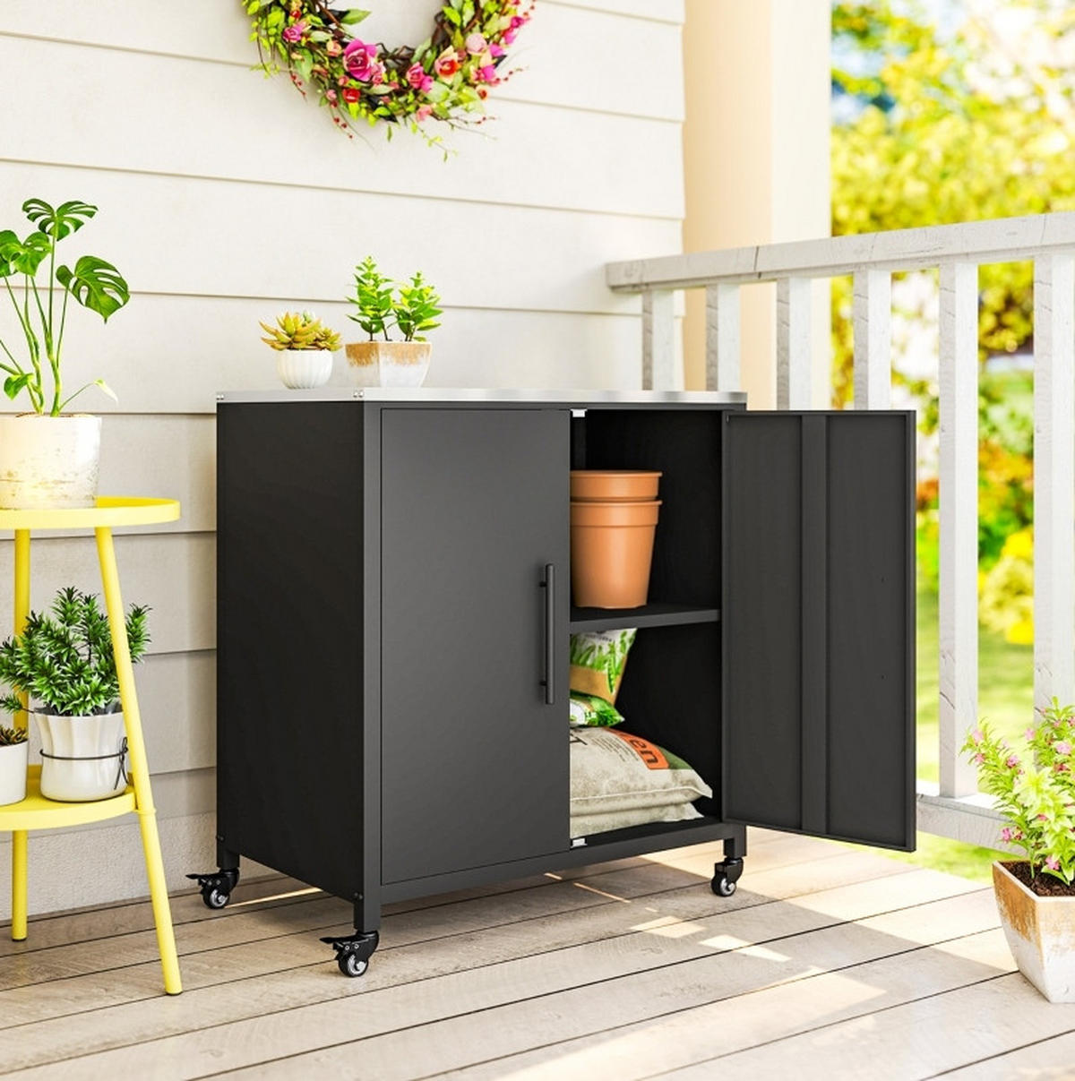 GARTENSCHRANK mit Pflanztisch, herausnehmbarem Einlegeboden, Edelstahl-Arbeitsplatte und Rollen, Schwarz - Schwarz, Metall (50/90/80cm) - Redom