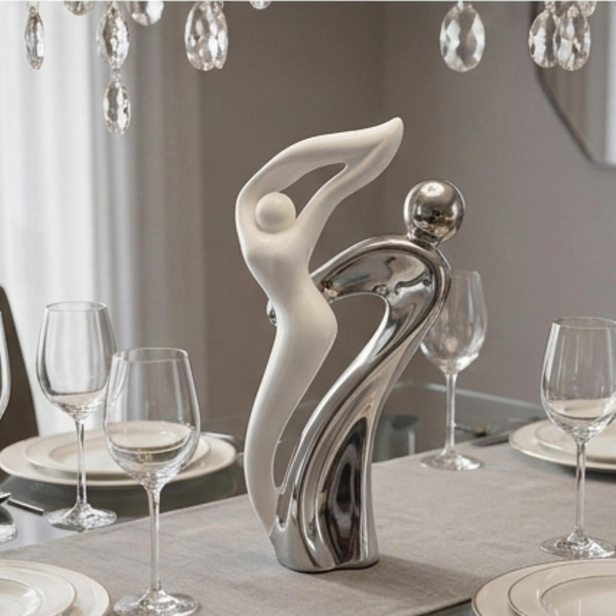 SKULPTUR Francis Silber Weiß 37 cm Keramik Tanzpaar Moderne Dekofigur - Silberfarben/Weiß, Keramik (28/37/20cm) - Gilde