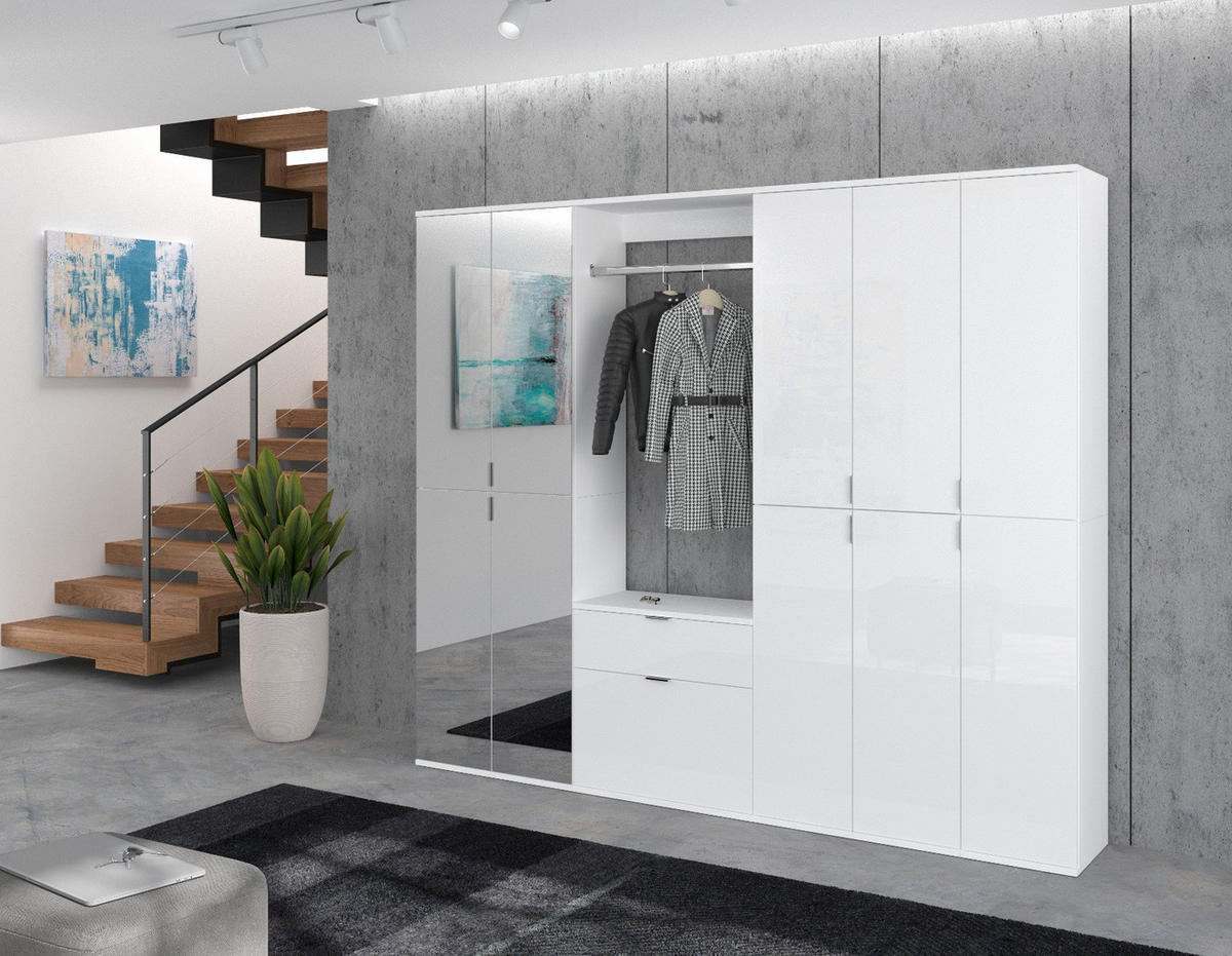 GARDEROBENSCHRANK weiß Hochglanz 213 cm mit Spiegel, Flurgarderobe - Chromfarben/Weiß Hochglanz, Glas/Holzwerkstoff (213/193/34cm) - Inn.Furn