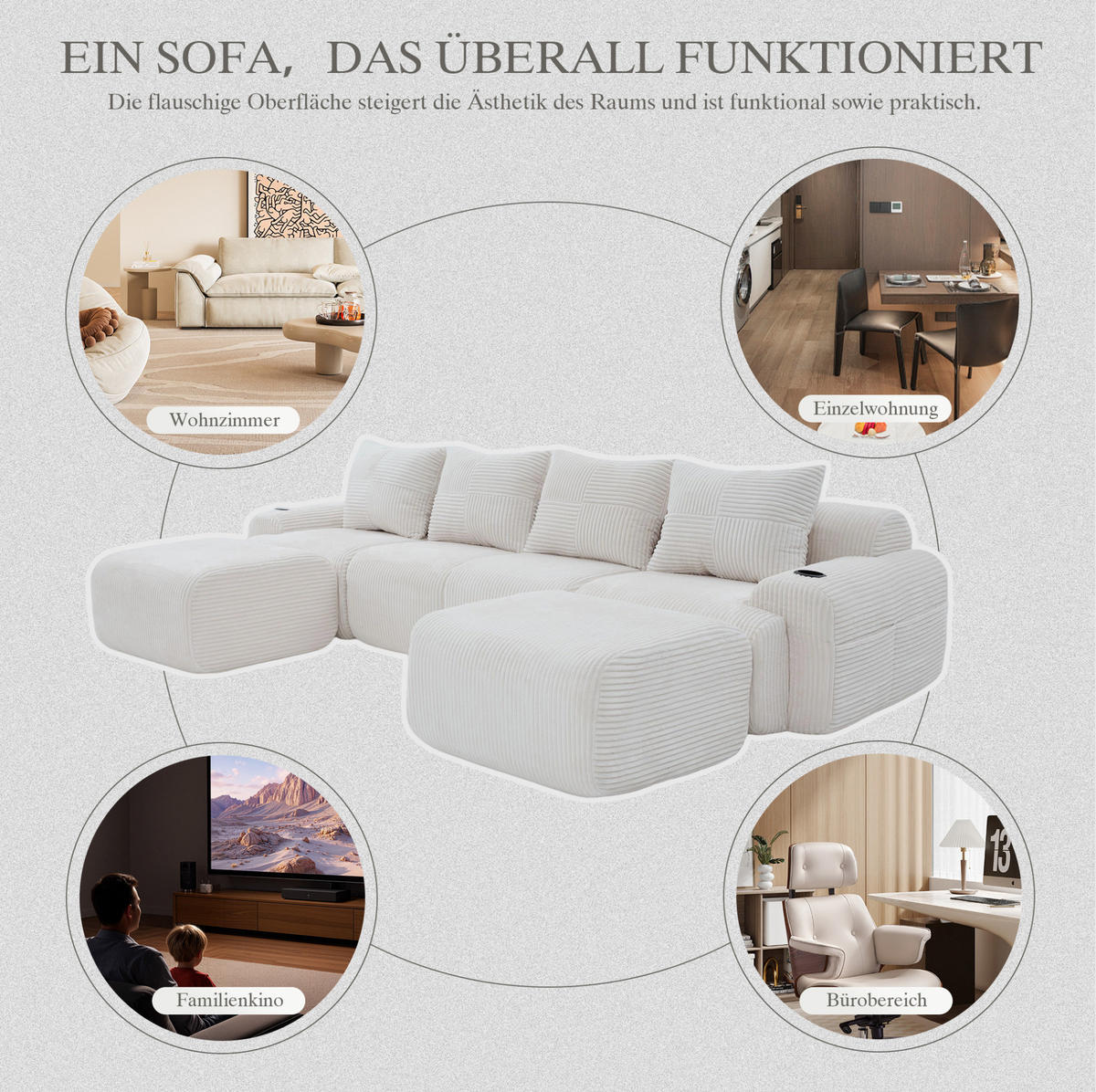WOHNLANDSCHAFT Cord 4-Sitzer mit 2 Hockern und Getränkehalter 333/174/80 cm Beige - Beige, Textil (174/80/333cm) - Redom
