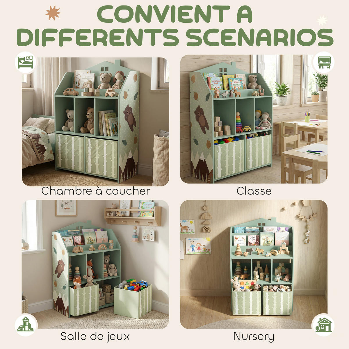 KINDERREGAL Grün mit 2 Stoffschubladen Haus-Design - Grün, Holzwerkstoff (62.5/91.5/30cm) - PANGIVO