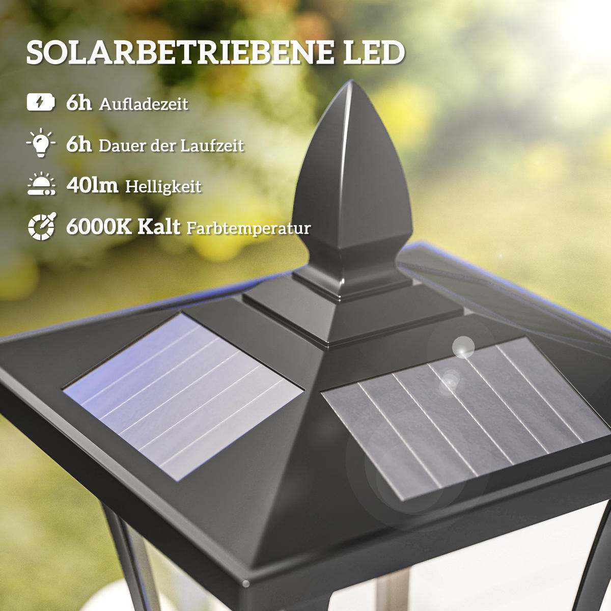 SOLAR Gartenlaterne mit LED Laterne Wegleuchte 40 Lumen H160cm Schwarz - Schwarz, Metall (18/18/160cm) - Outsunny