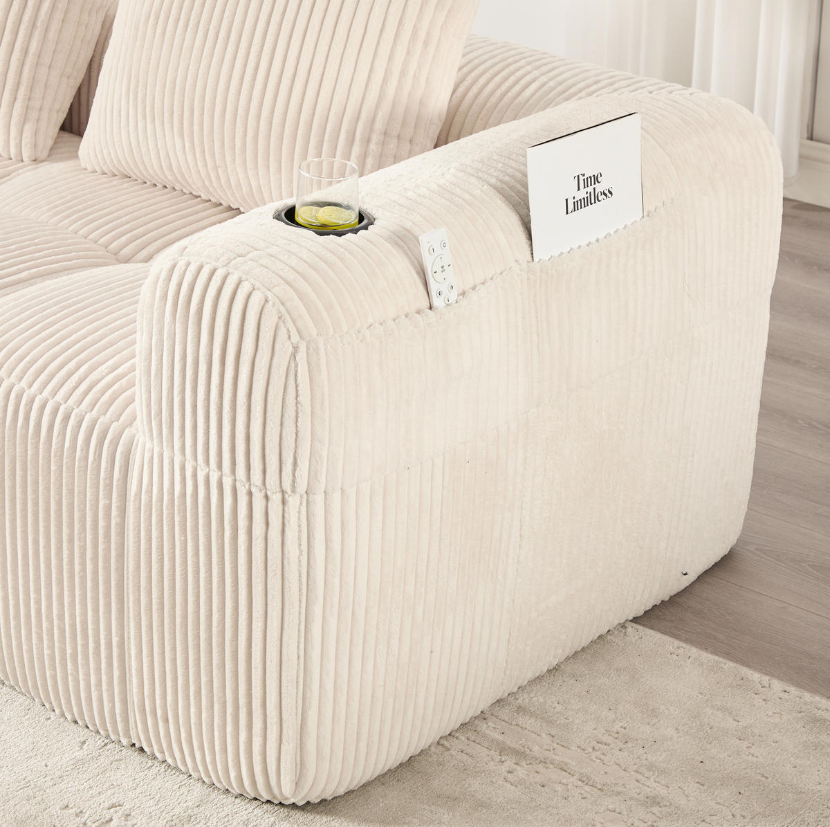 ECKSOFA aus Cord 253x158x61 cm in Beige mit Seitenfächern & Becherhaltern - Beige, Textil (158/253cm) - Modfu