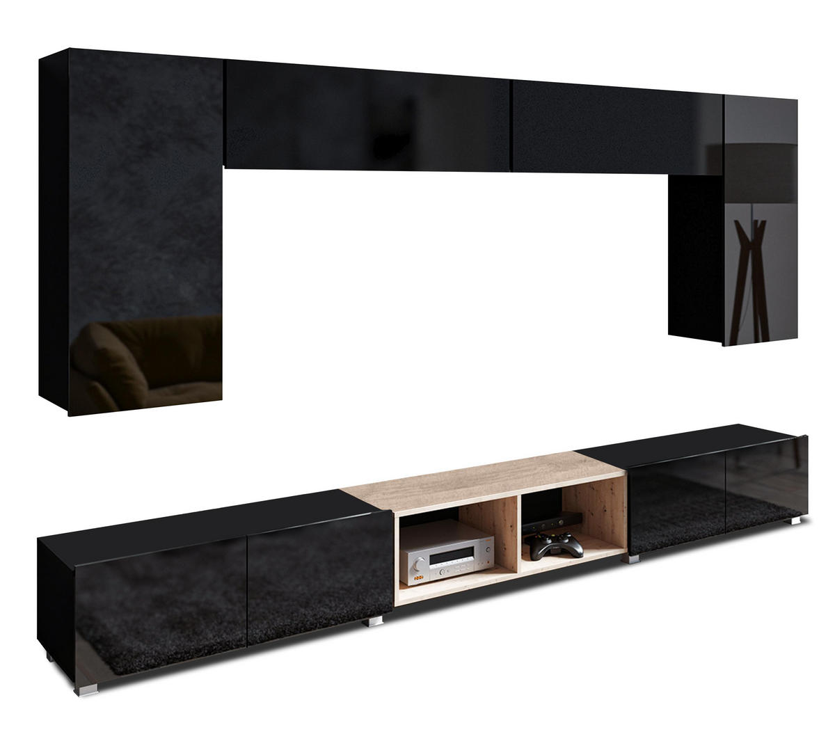 WOHNWAND Kossana 23 Modern Schwarz/Goldene Eiche 300/43/154 cm Wohnwand Set - Schwarz, Holzwerkstoff/Kunststoff (300/156/43cm) - AX Living