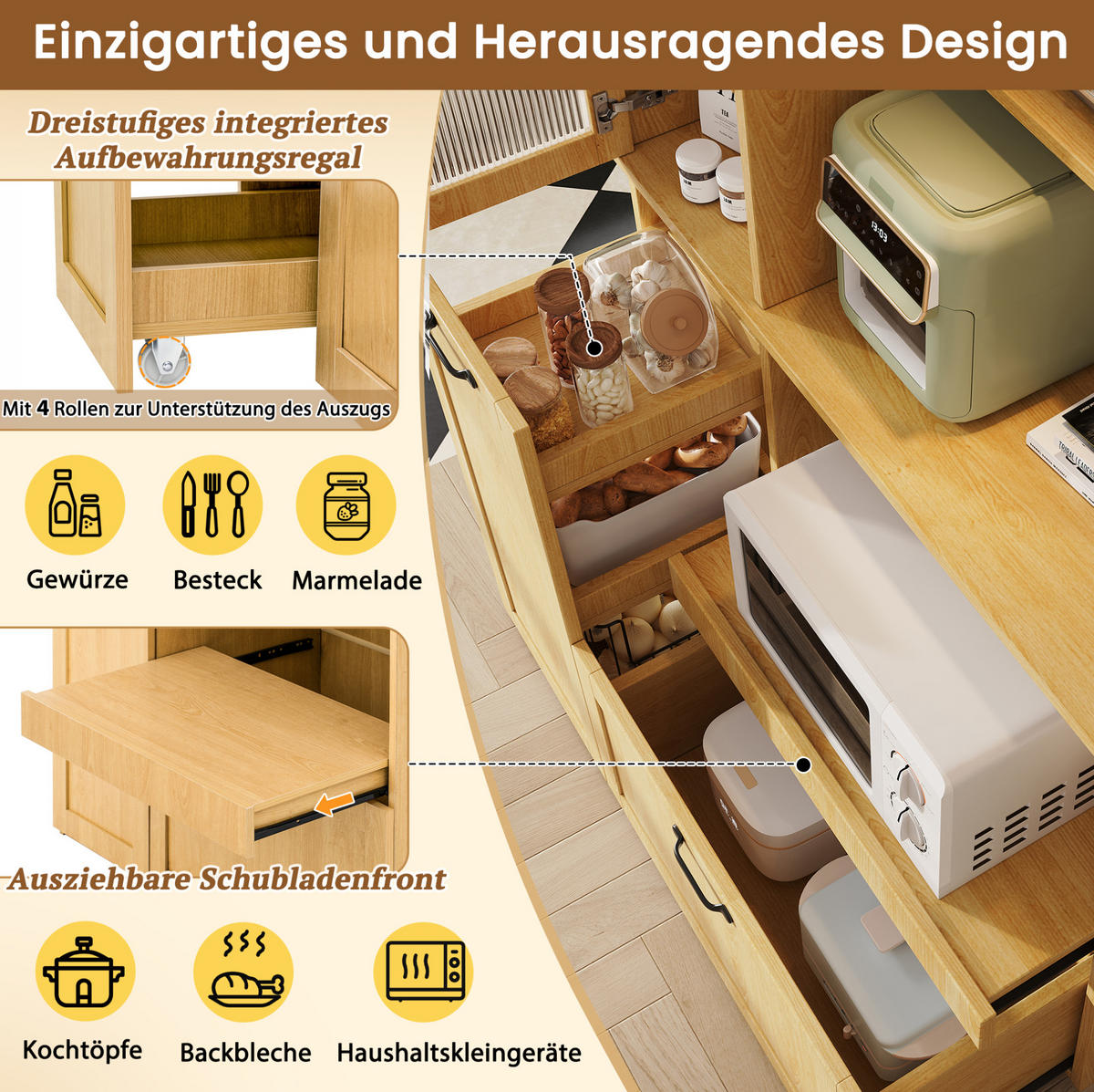 HIGHBOARD mit Schubladen 98/40/177 cm in Natur mit Riffelglas - Naturfarben, Holzwerkstoff (98/177/40cm) - BEAOK