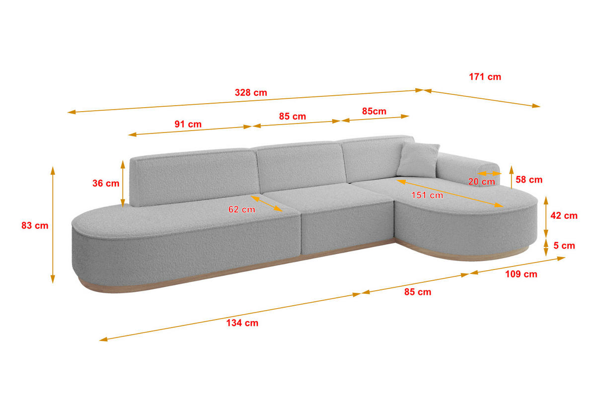 ECKSOFA Ottomane Rechts MARI-L2-v1 - 328x171x83 cm Hellgrau Bouclé - Hellgrau, Holzwerkstoff/Textil (171/328cm) - ALTDECOR