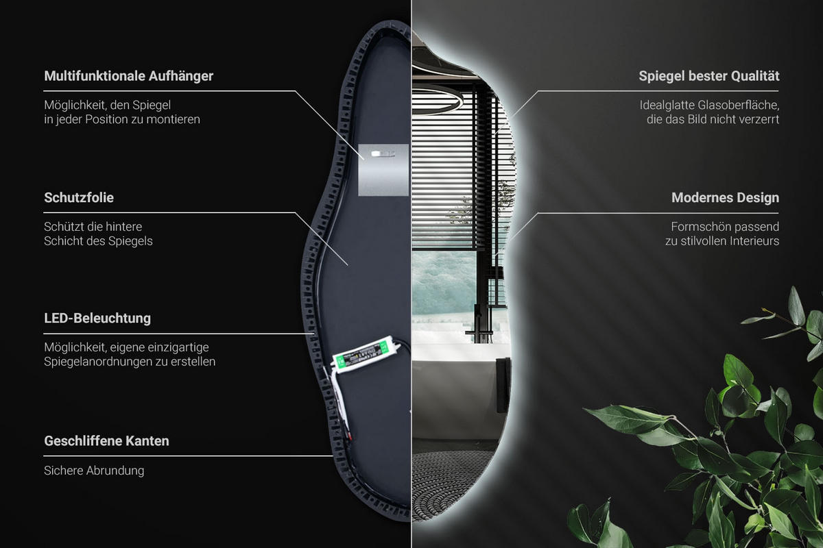 LED-SPIEGEL 35x80 cm Asymmetrisch Kaltweiß 6000K - Blau, Glas (35/80/0.4cm) - Wallfluent