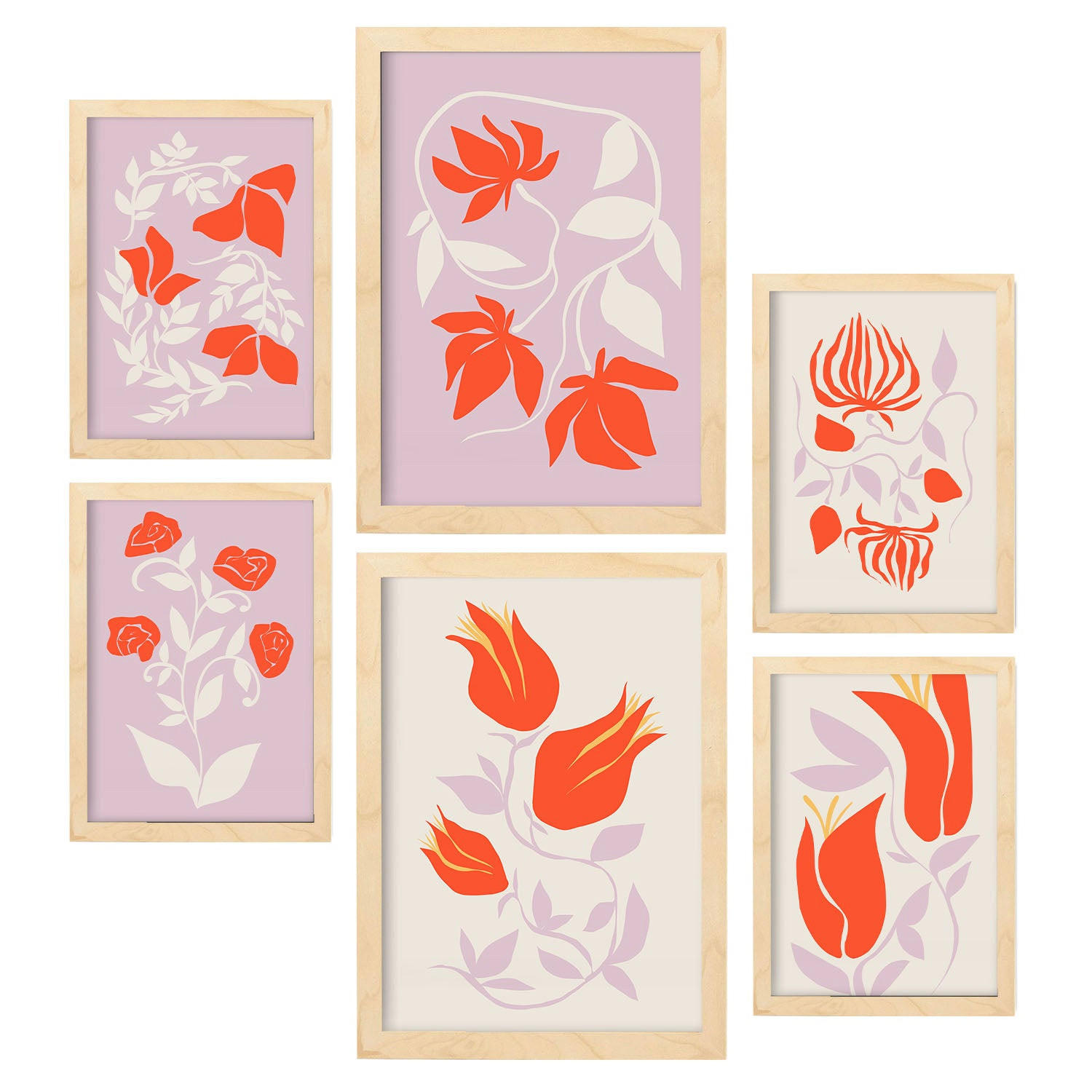 POSTER Set Mit 6 Blumenrahmen 3 Zusammenfassung A3 & A4 Rahmen Aus Hellem Holz - Beige, Papier (29/3cm) - Nacnic