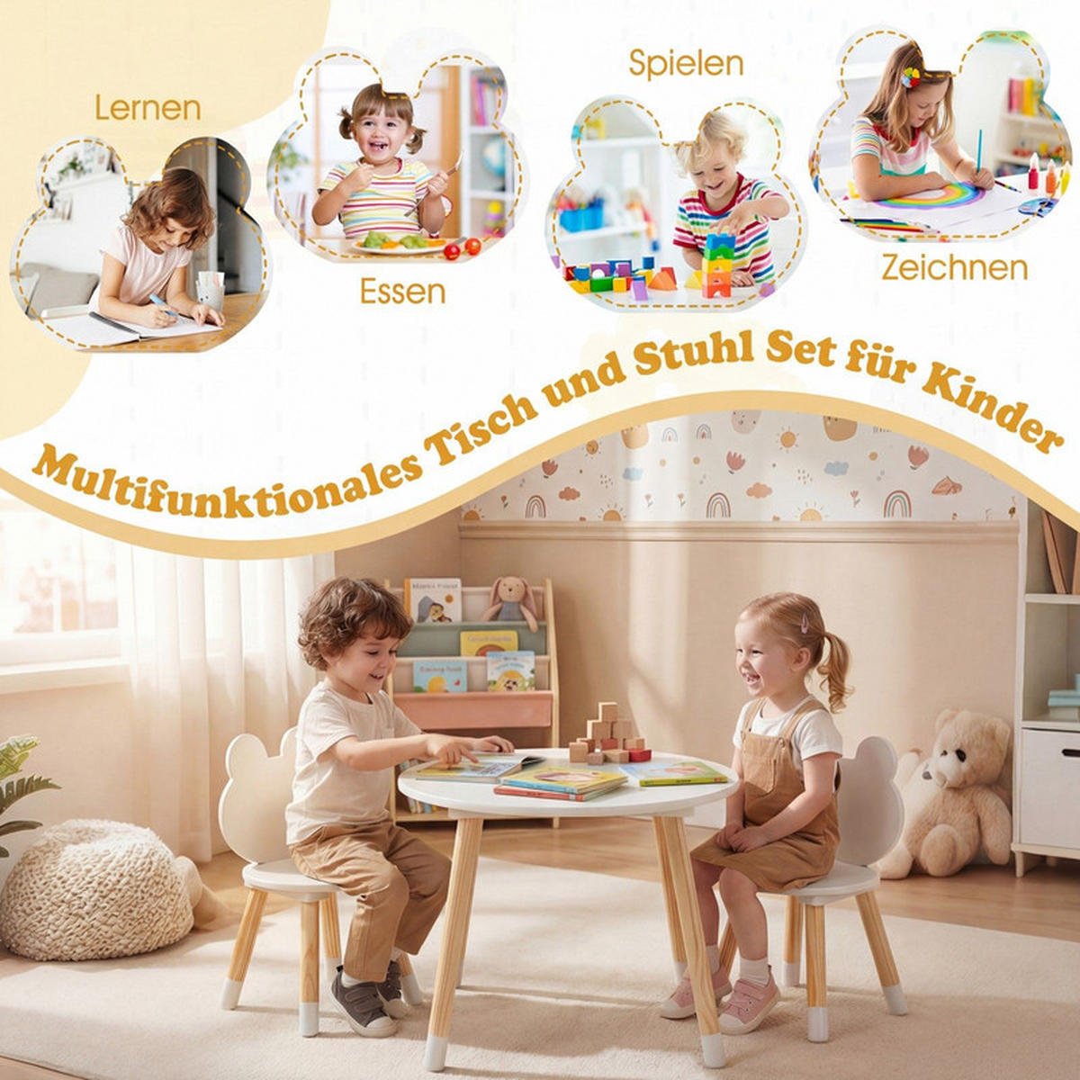 KINDERTISCH mit stuhl weiß(3-tlg) - Weiß, Holzwerkstoff (60/44/60cm) - COSTWAY