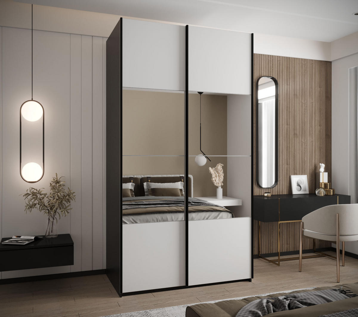 SCHWEBETÜRENSCHRANK 245,5/140/64 2-türig - Schwarz/Weiß, Holz/Metall (140/245/64cm) - Abiks Möbel