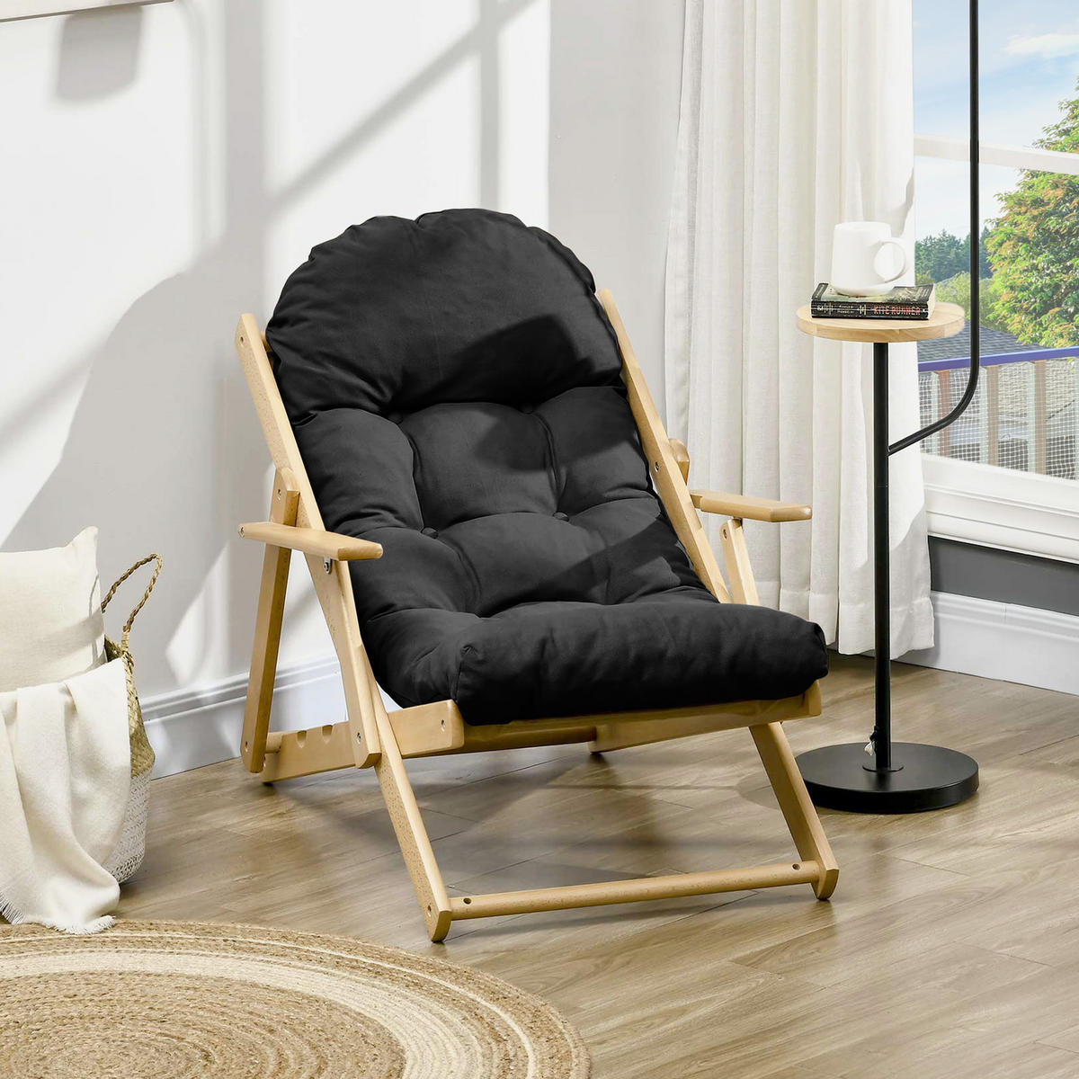 KLAPPSTUHL DE-13267 3-fach verstellbar & dickes Polster - Schwarz, Holz (89/96/71cm) - ComfortXL