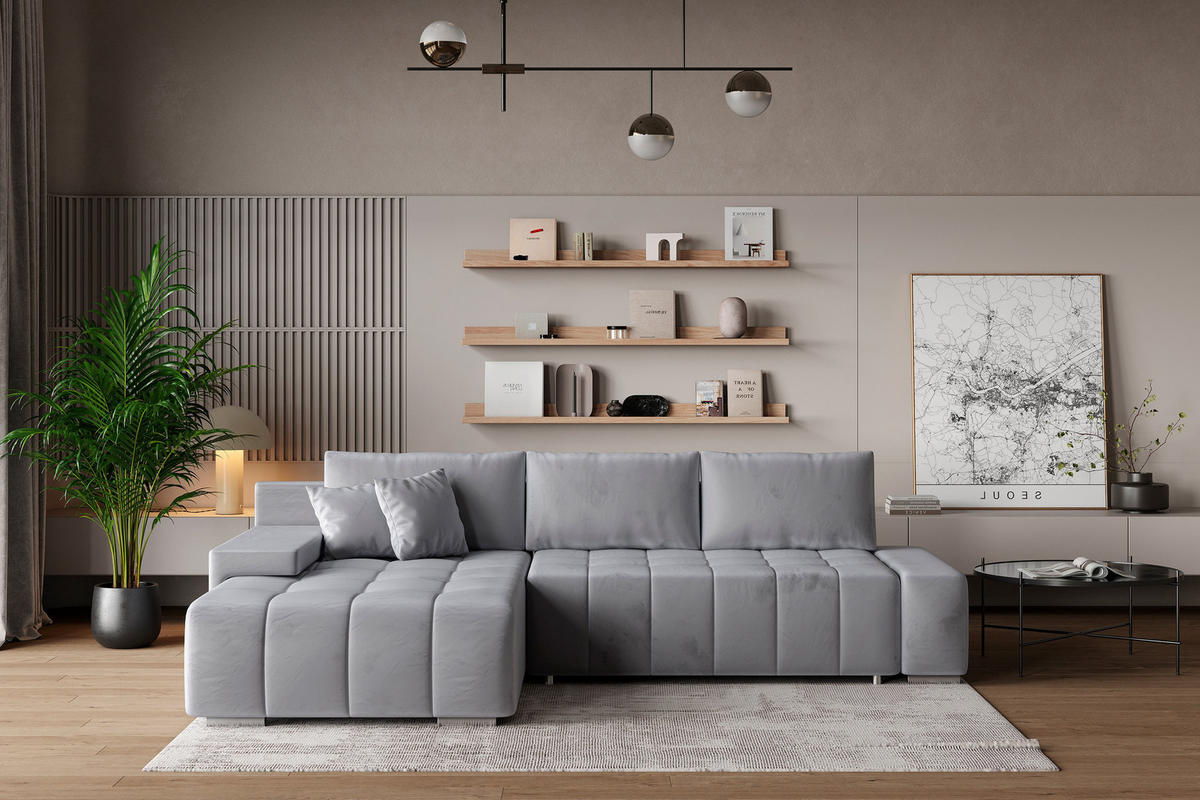 ECKSOFA ALESE L-S Hellgrau Velours-Stoff mit Schlaffunktion - Hellgrau, Holz (265/185cm) - MASSENO