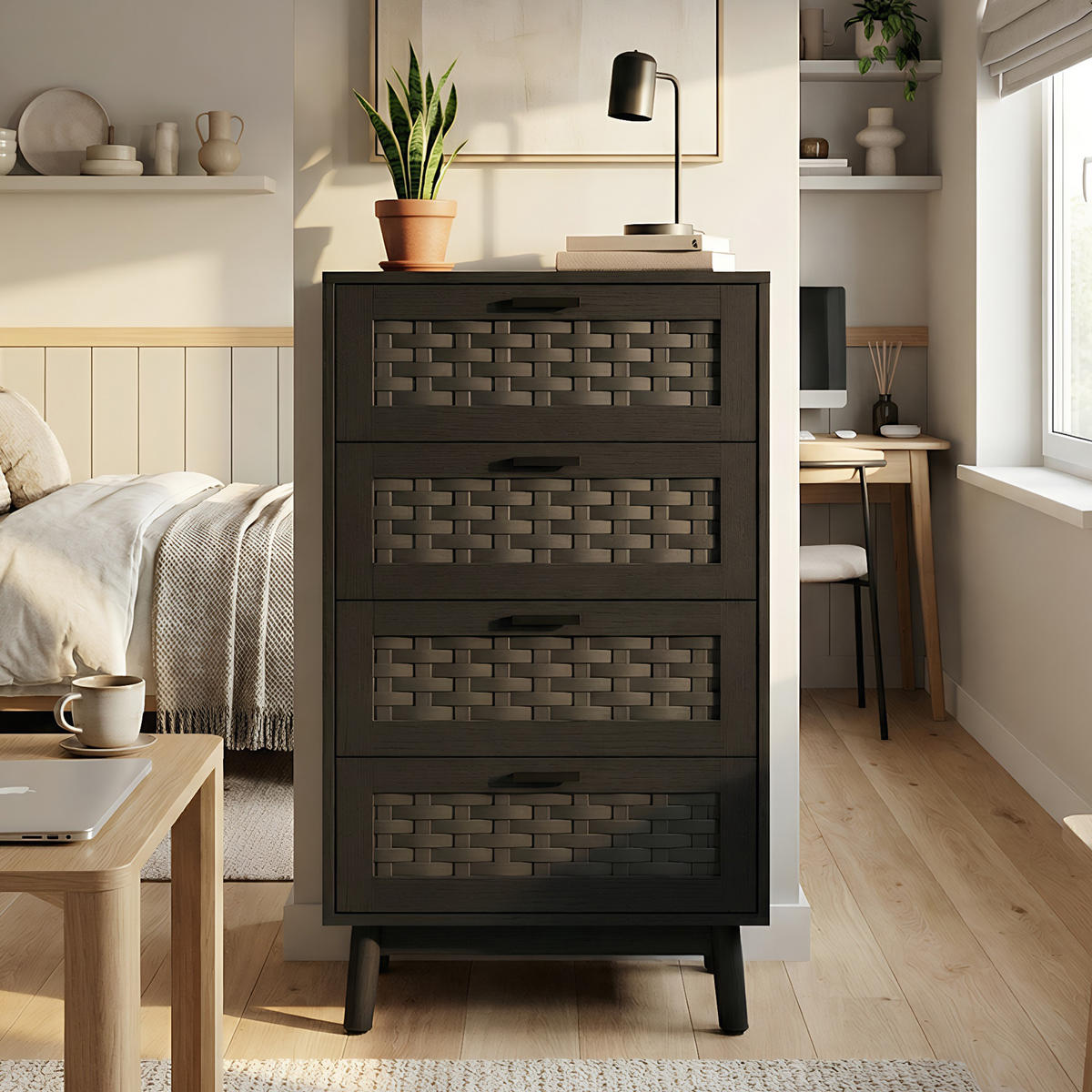 KOMMODE Japandi mit 4 Schubladen in Rattan-Optik 55/40/95 cm Schwarz - Schwarz, Holzwerkstoff (55/95/39.8cm) - Creahappy