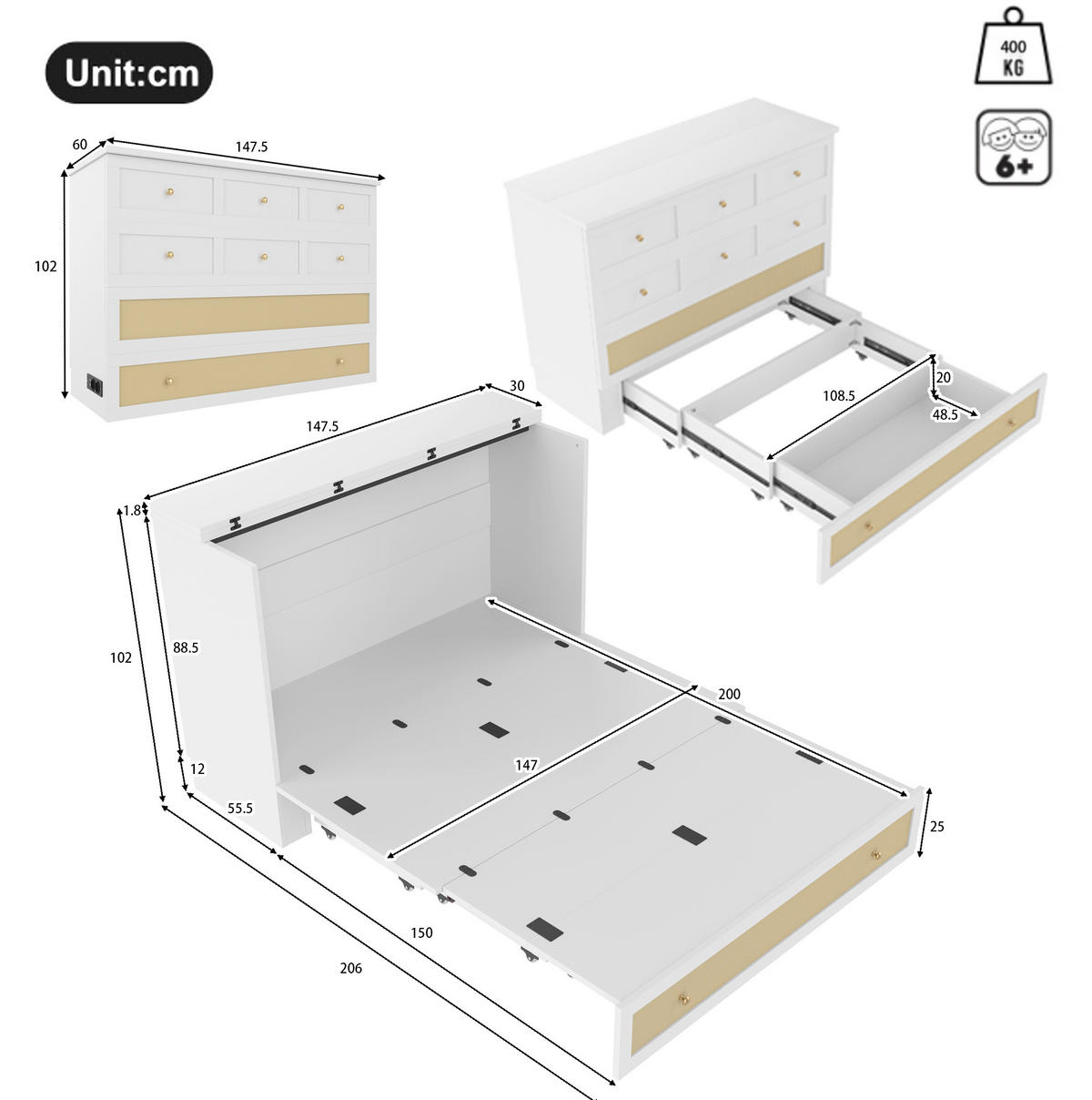 POLSTERBETT aus MDF 140x200 cm in Weiß mit USB, Steckdose & Schublade - Weiß, Holzwerkstoff (140/200cm) - Modfu