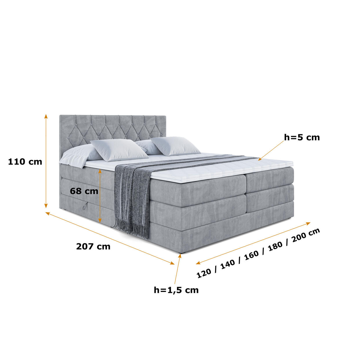 BOXSPRINGBETT VELANTO-BZ KING - 120 x 200 - H3/H4 - Grau - Grau, Holzwerkstoff (120/200cm) - ALTDECOR