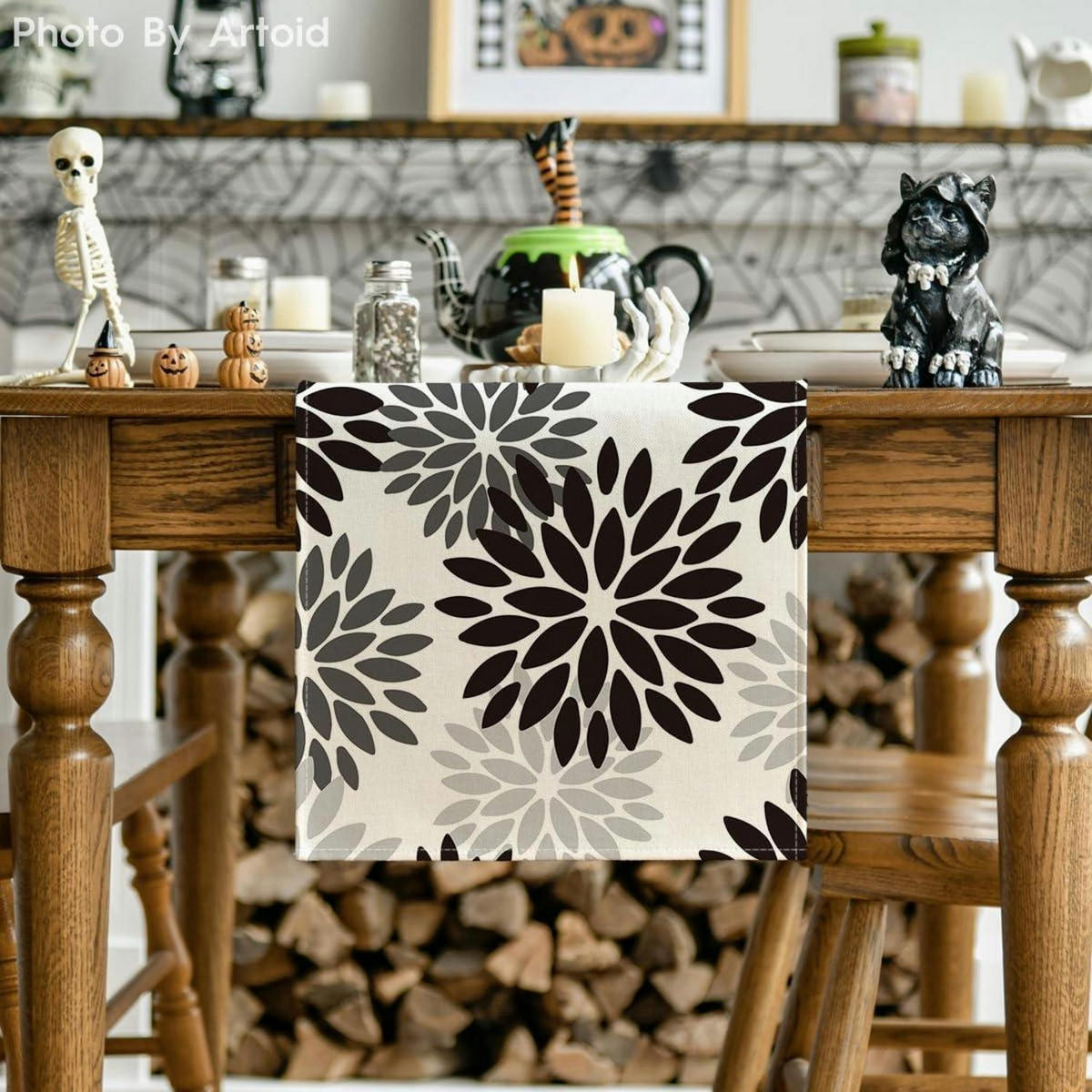 TISCHLÄUFER Blumenmuster Schwarz 40 x 100 cm - Multicolor, Textil (100/40/1.5cm)